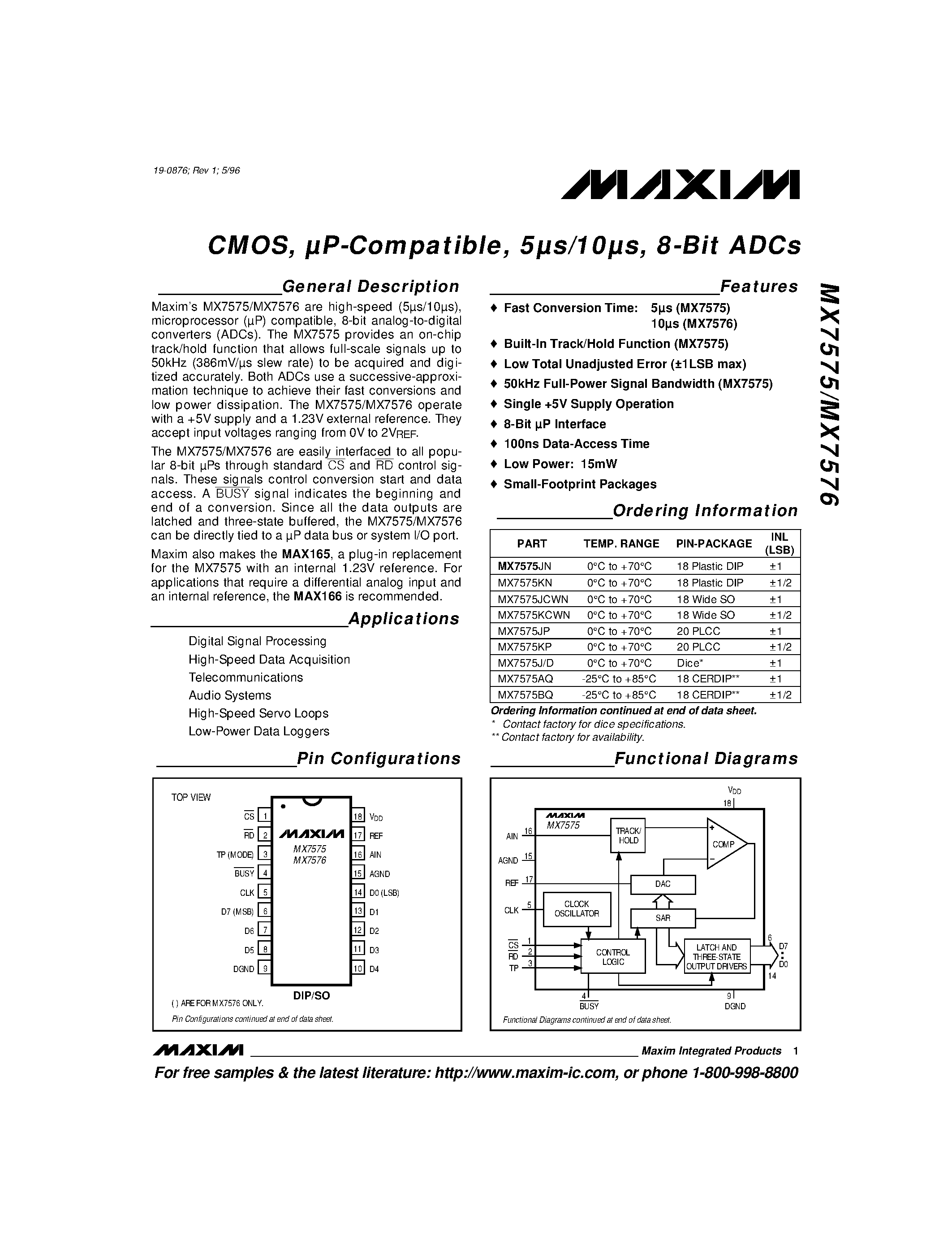 Datasheet MX7575JN page 1 Datasheet MX7575JN - CMOS / uP-Compatible / 5s/10s / 8-Bit ADCs page 1