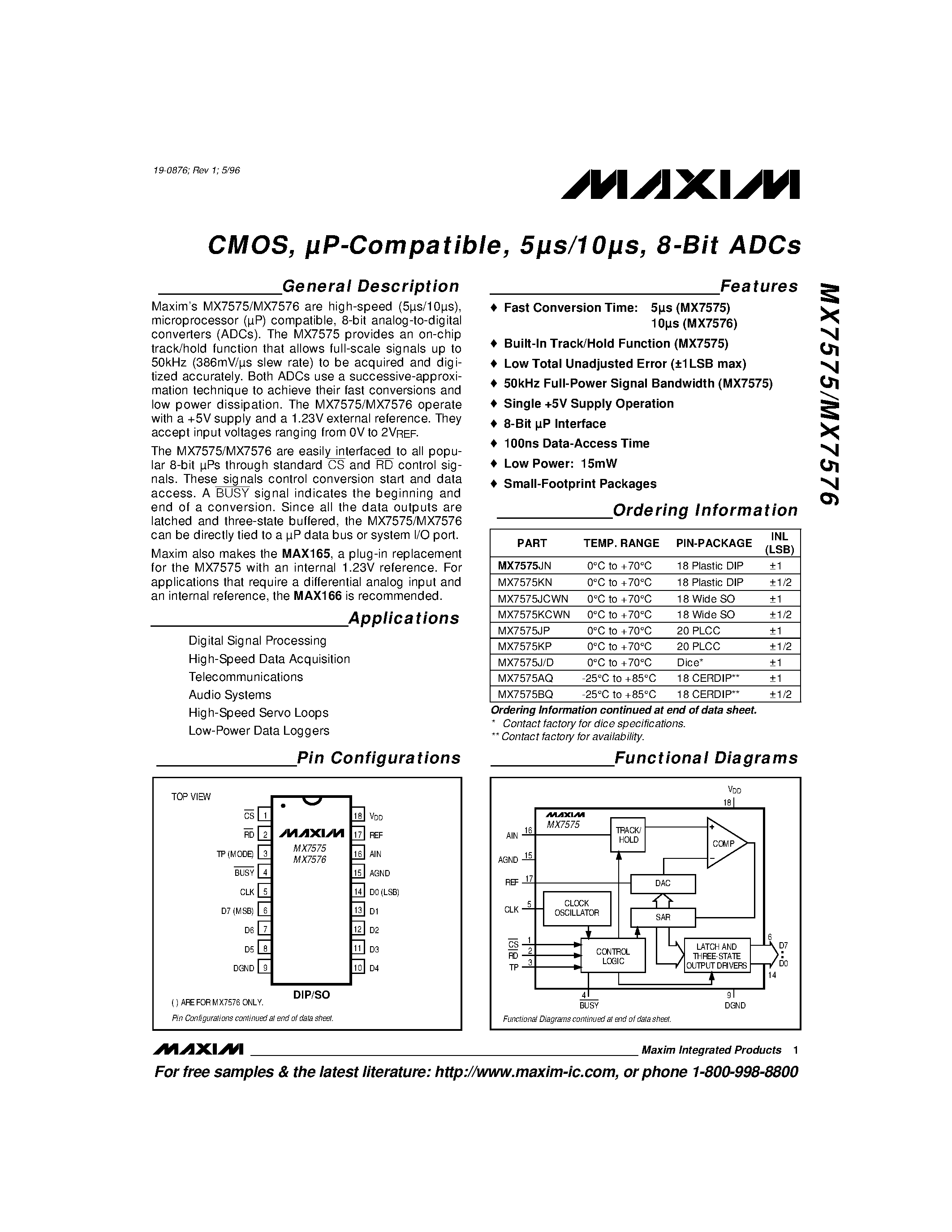Datasheet MX7576KEQP - CMOS / uP-Compatible / 5s/10s / 8-Bit ADCs page 1