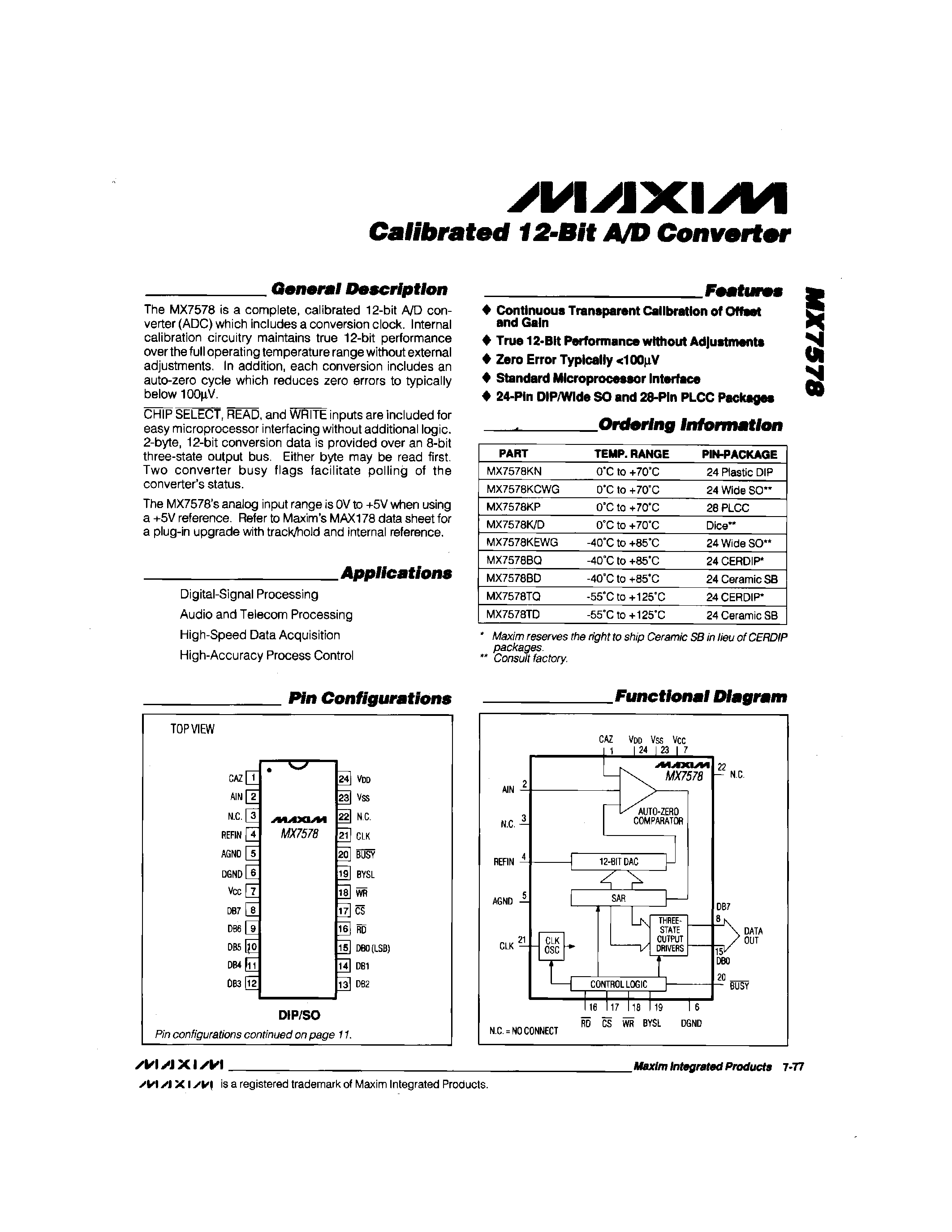 Даташит на микросхему MX7578 страница 1 Даташит MX7578 - Calibrated 12-Bit A/D Converter страница 1