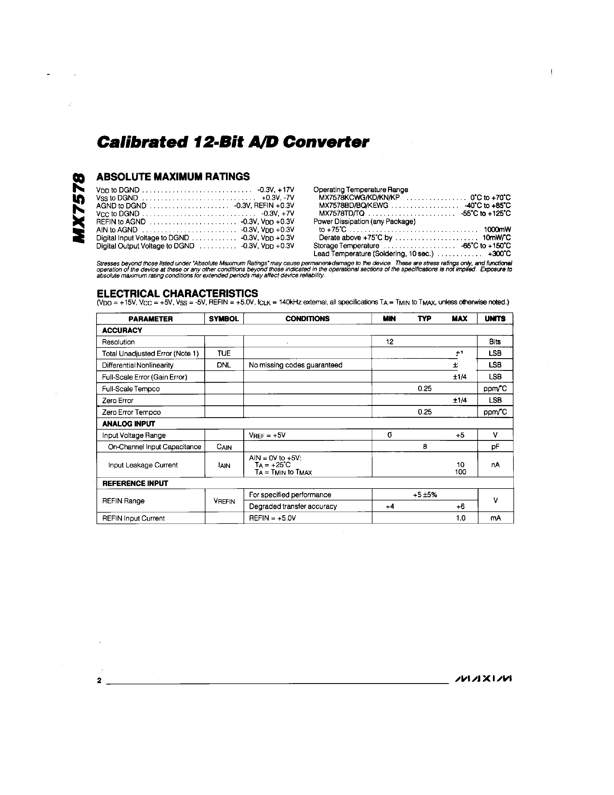 Даташит на микросхему MX7578 страница 2 Даташит MX7578 - Calibrated 12-Bit A/D Converter страница 2