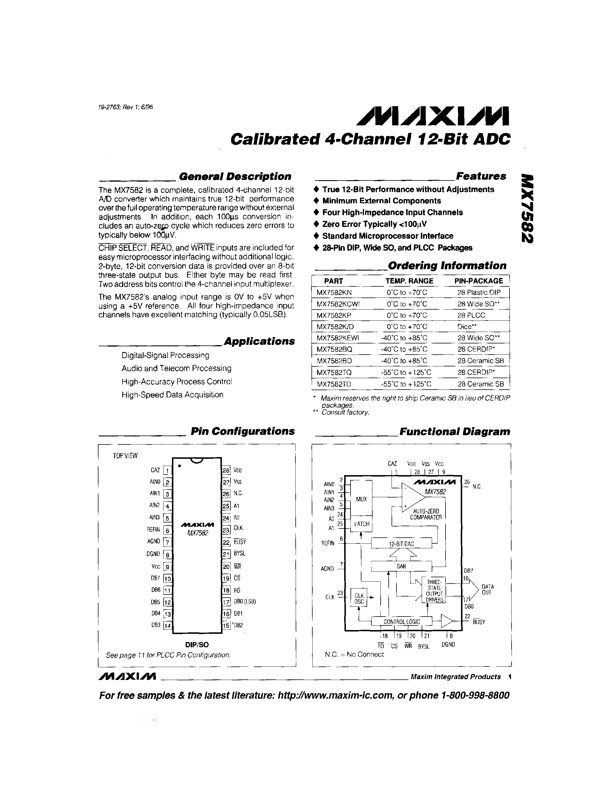 Datasheet MX7582 - Calibrated 4-Channel 12-Bit ADC page 1