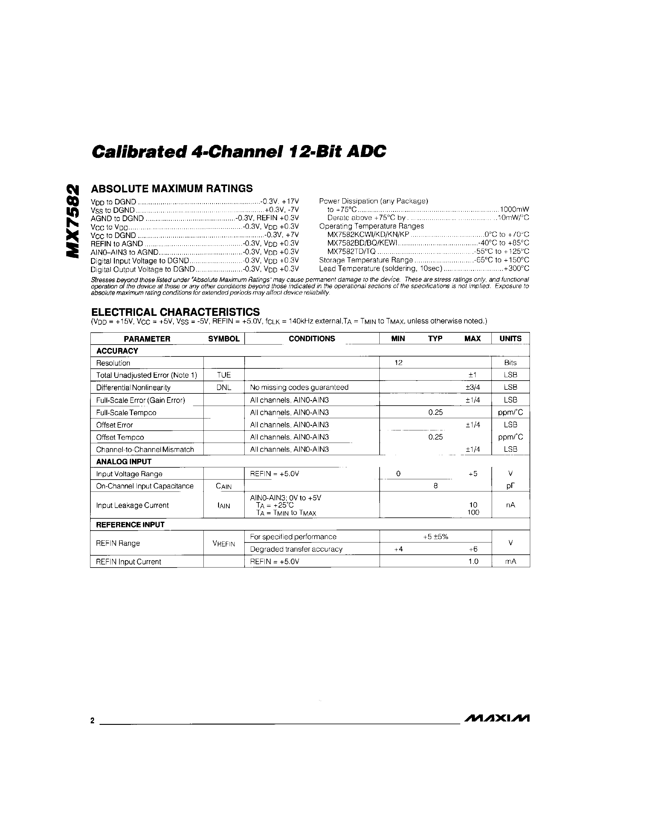 Datasheet MX7582 - Calibrated 4-Channel 12-Bit ADC page 2