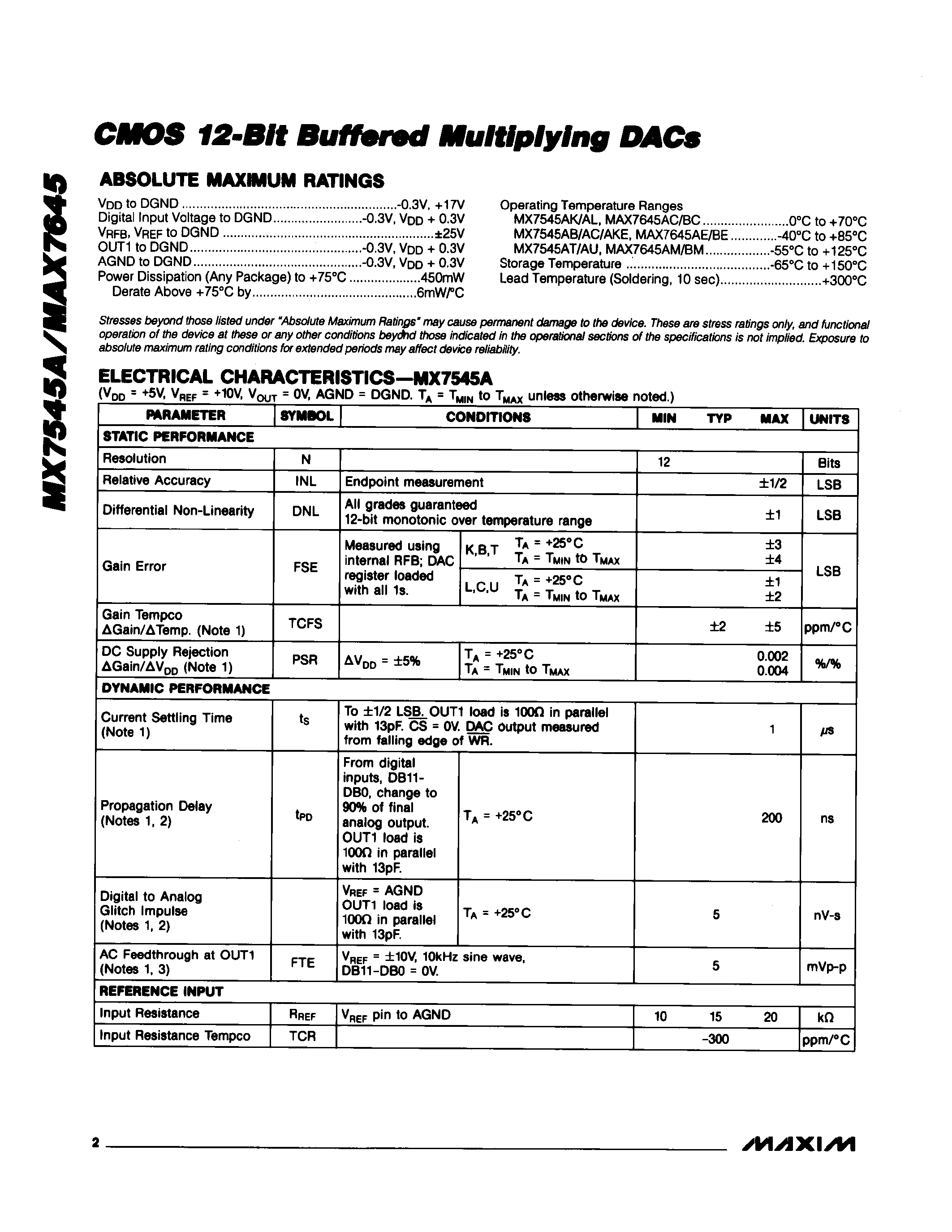 Даташит MX7645B/D - CMOS 12-Bit Buffered Multiplying DACs страница 2