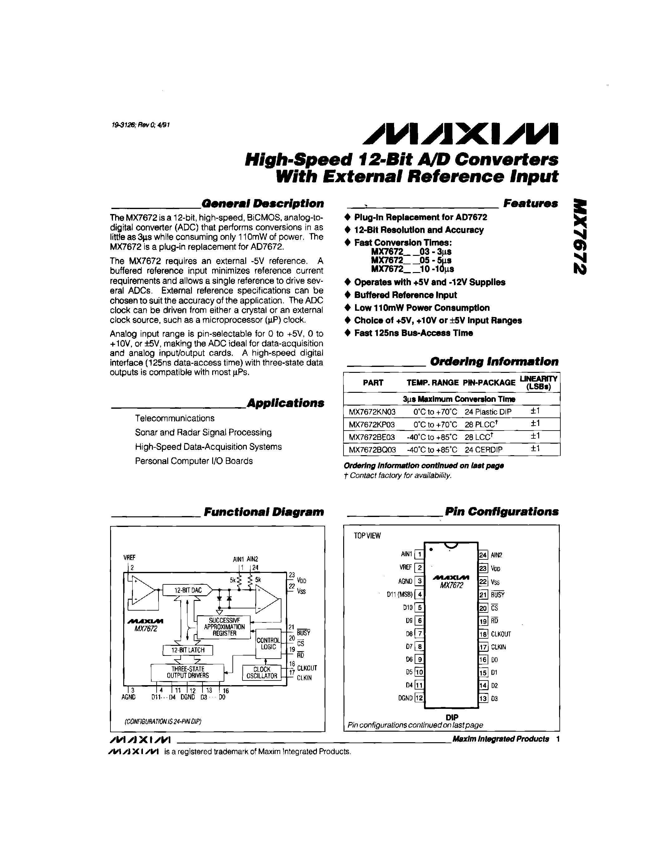 Даташит MX7672 - High-Speed 12-Bit A/D Converters With External Reference Input страница 1