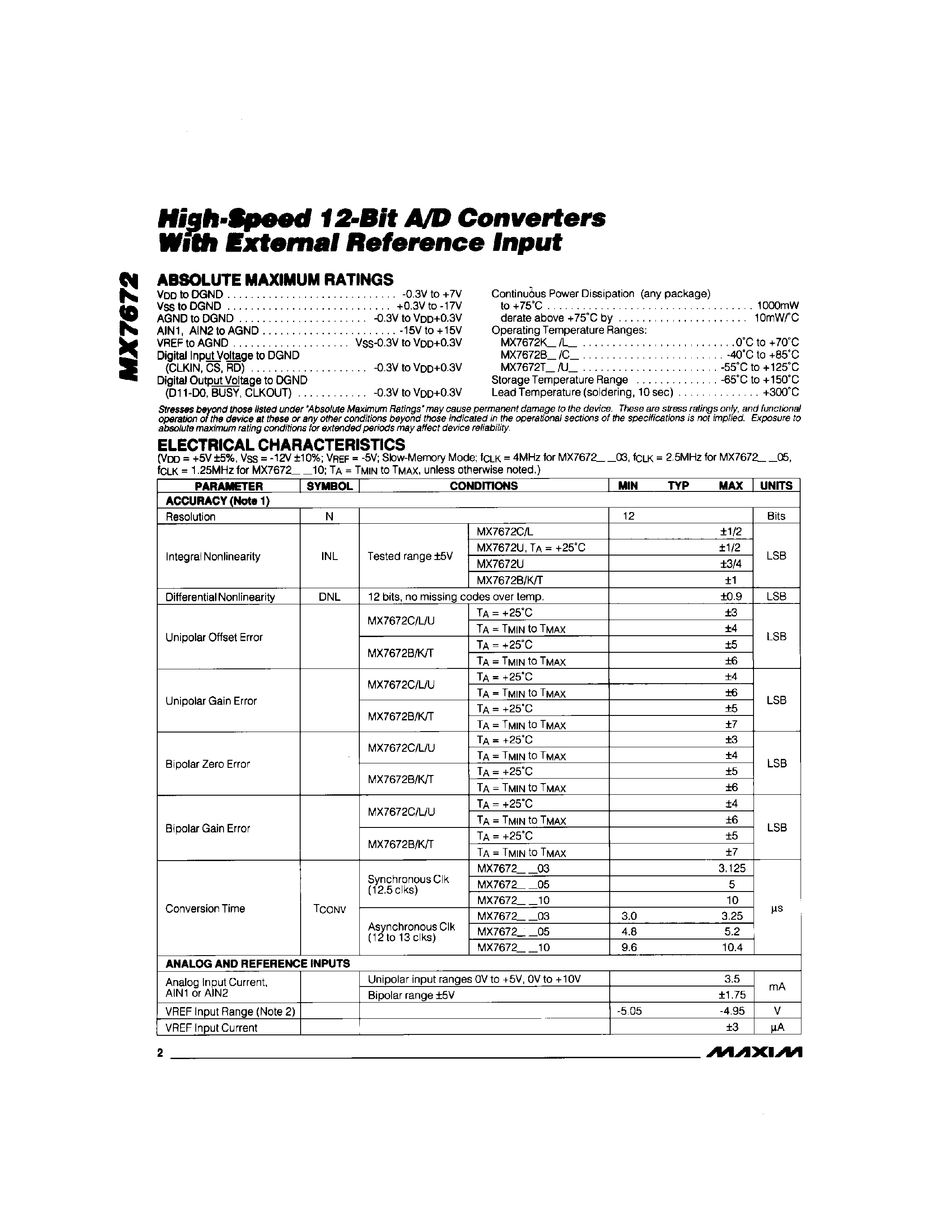 Даташит MX7672 - High-Speed 12-Bit A/D Converters With External Reference Input страница 2