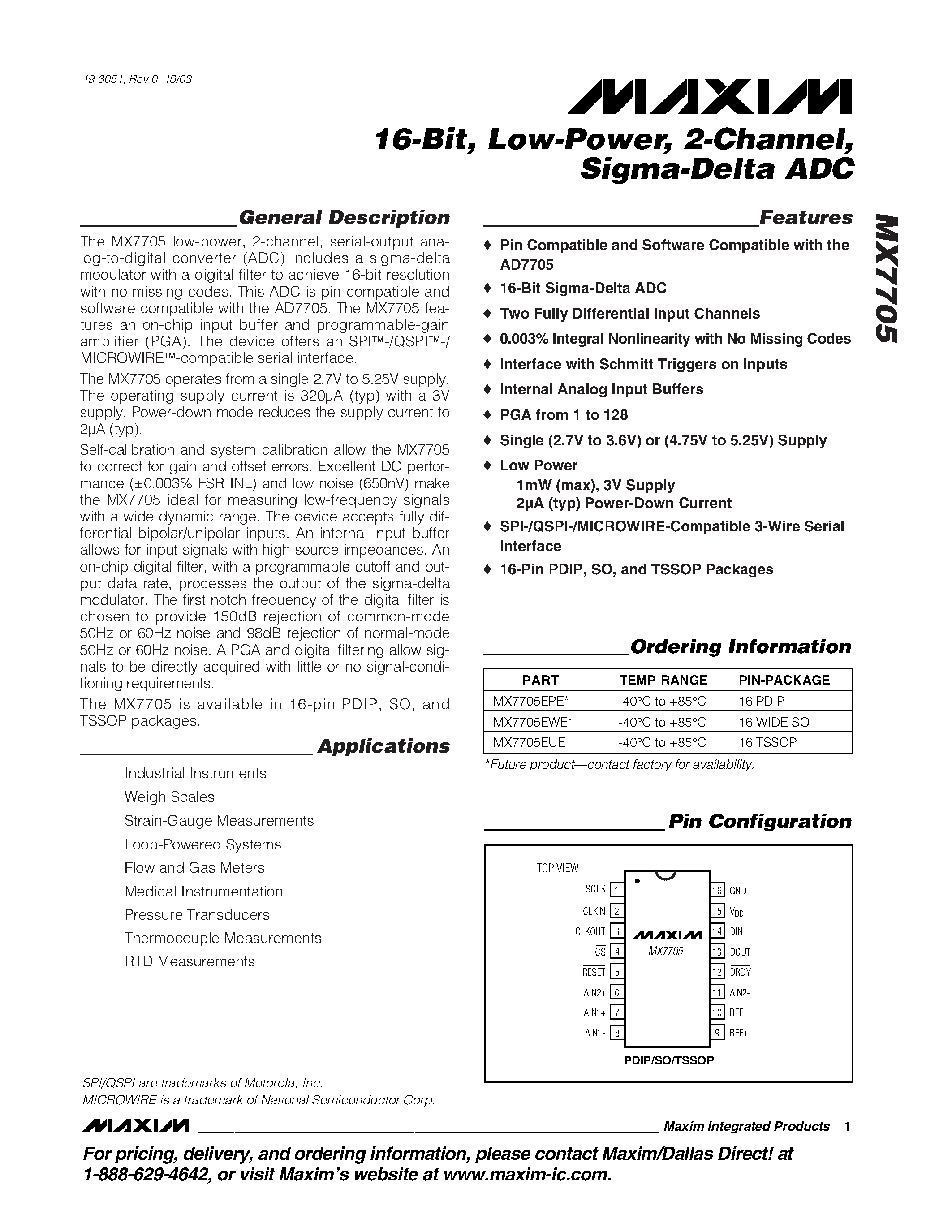 Datasheet MX7705 - 16-Bit / Low-Power / 2-Channel / Sigma-Delta ADC page 1