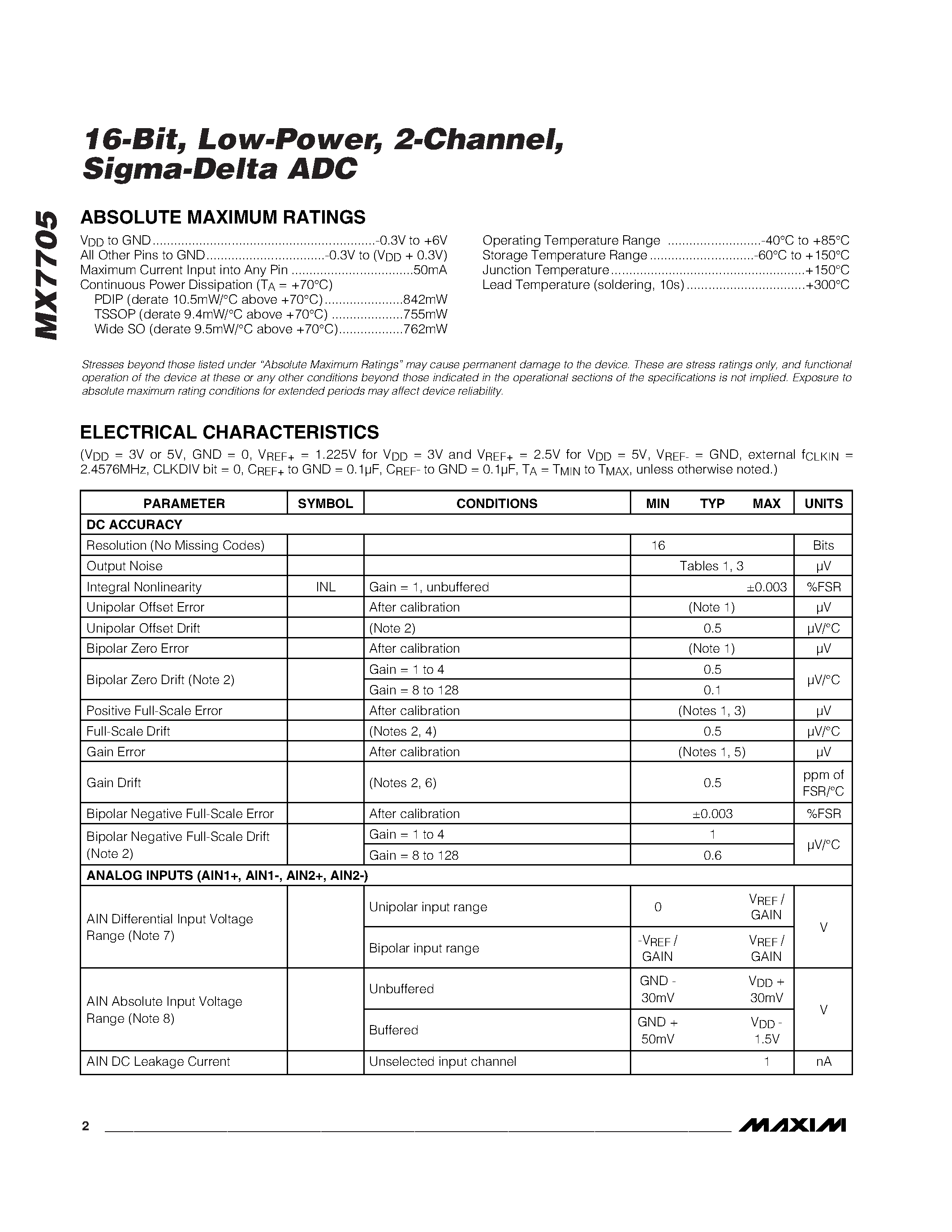 Datasheet MX7705 - 16-Bit / Low-Power / 2-Channel / Sigma-Delta ADC page 2