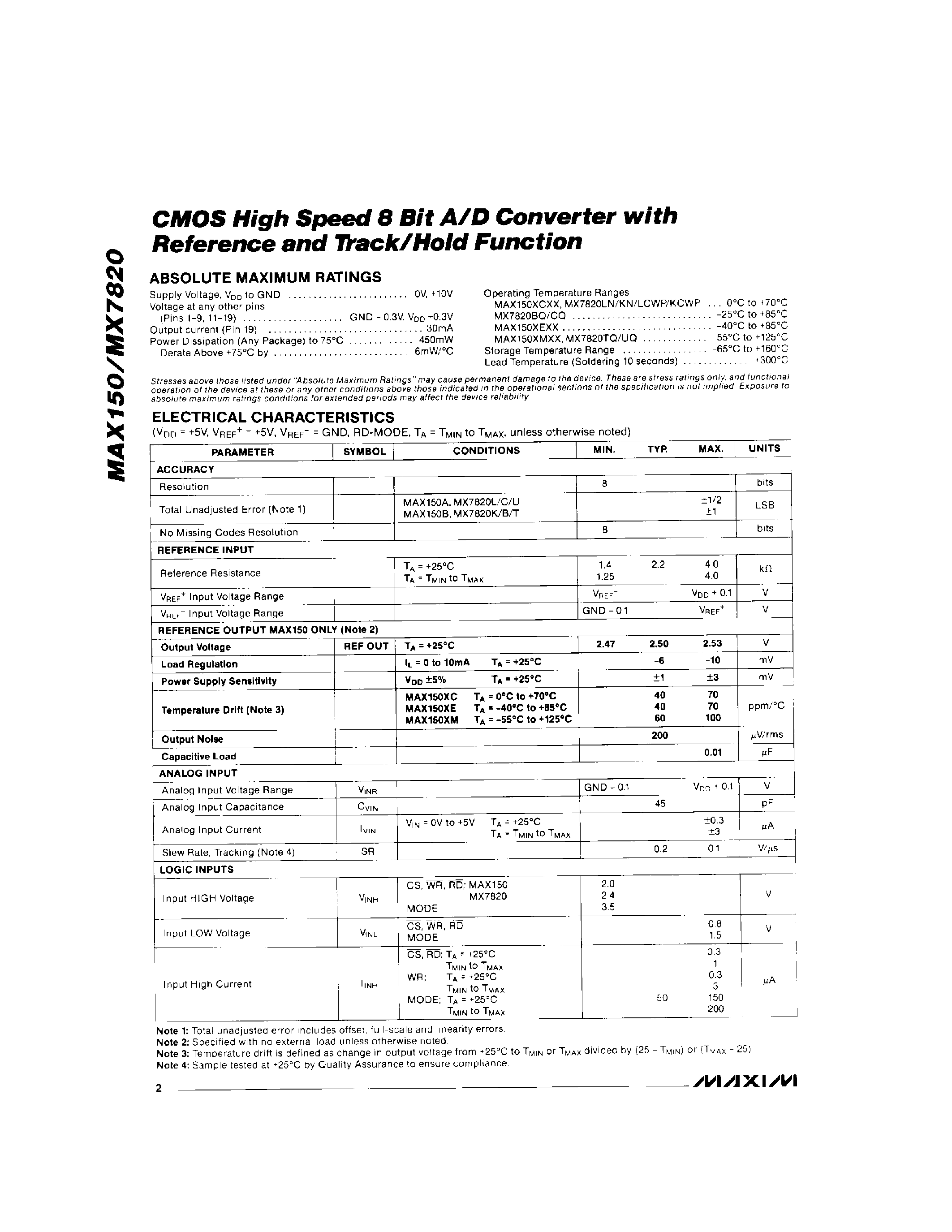 Даташит MX7820BQ - CMOS High Speed 8Bit A/D Converter with Refrence and Track/Hold Function страница 2