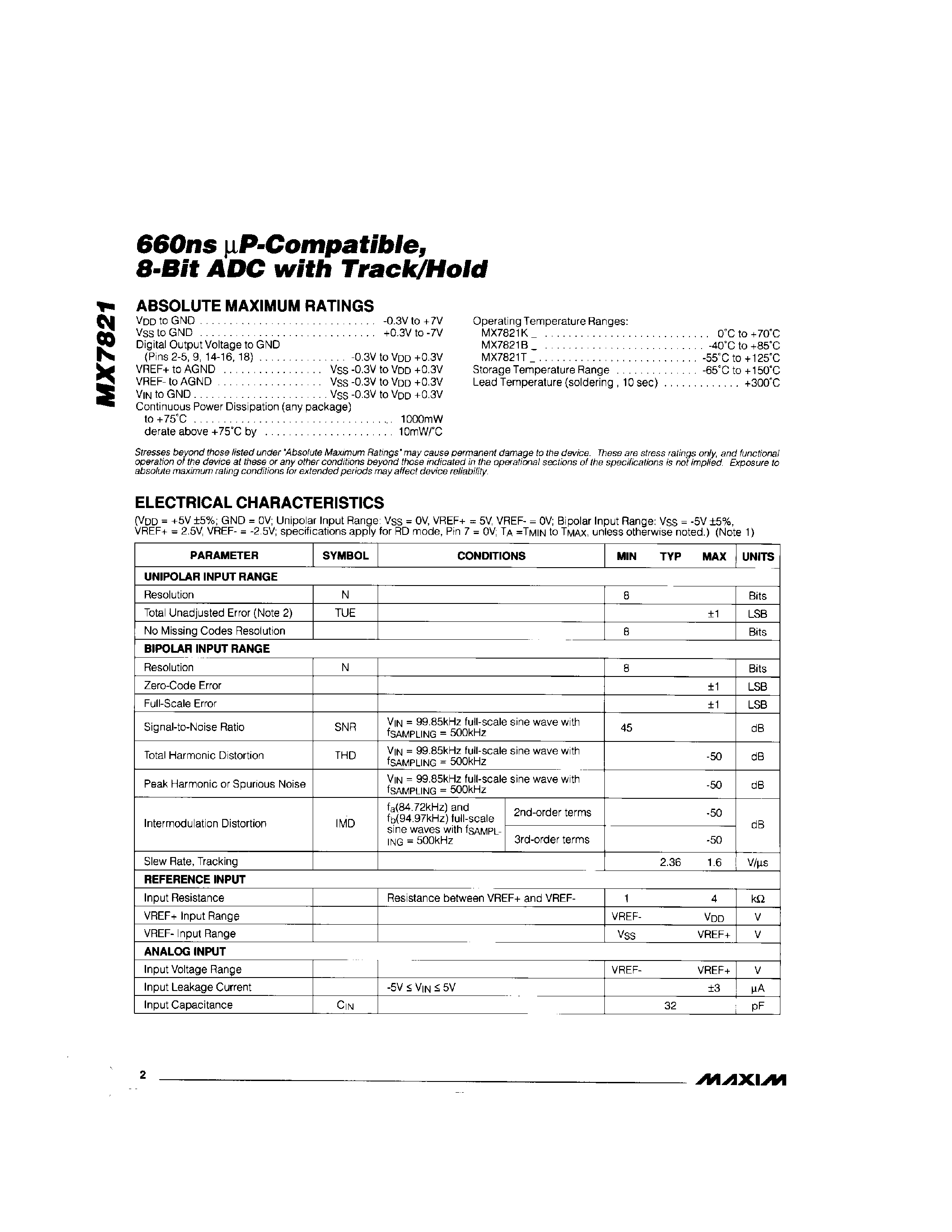 Даташит MX7821 - 660ns P-Compatible / 8-Bit ADC with Track/Hold страница 2