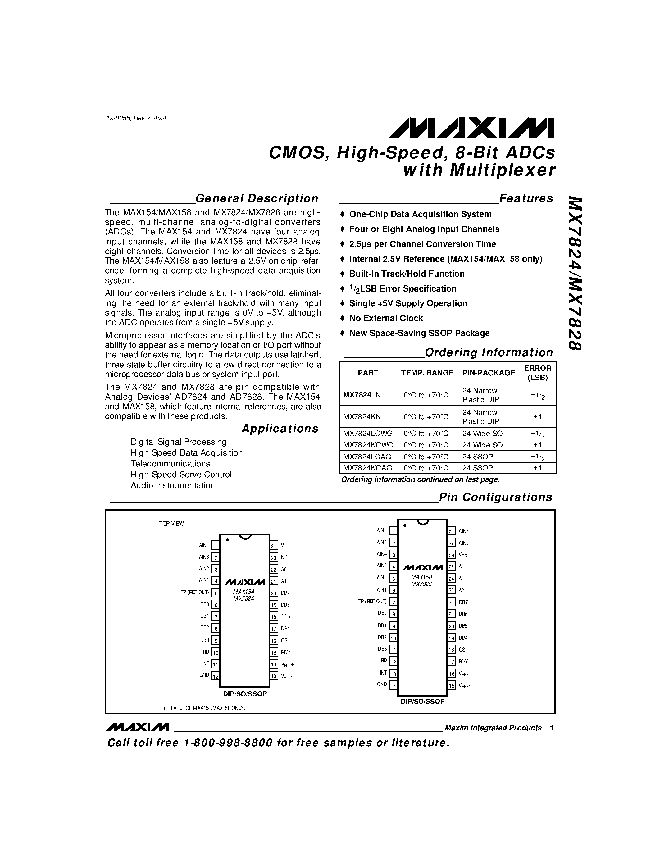 Datasheet MX7828 - CMOS / High-Speed / 8-Bit ADCs with Multiplexer page 1
