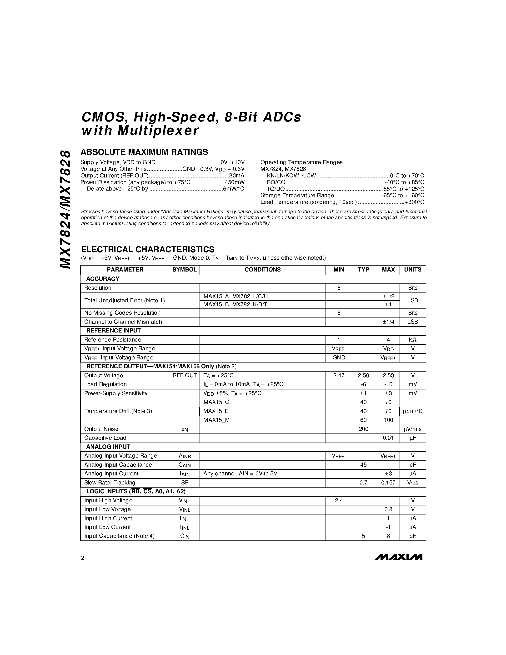 Даташит MX7828 - CMOS / High-Speed / 8-Bit ADCs with Multiplexer страница 2