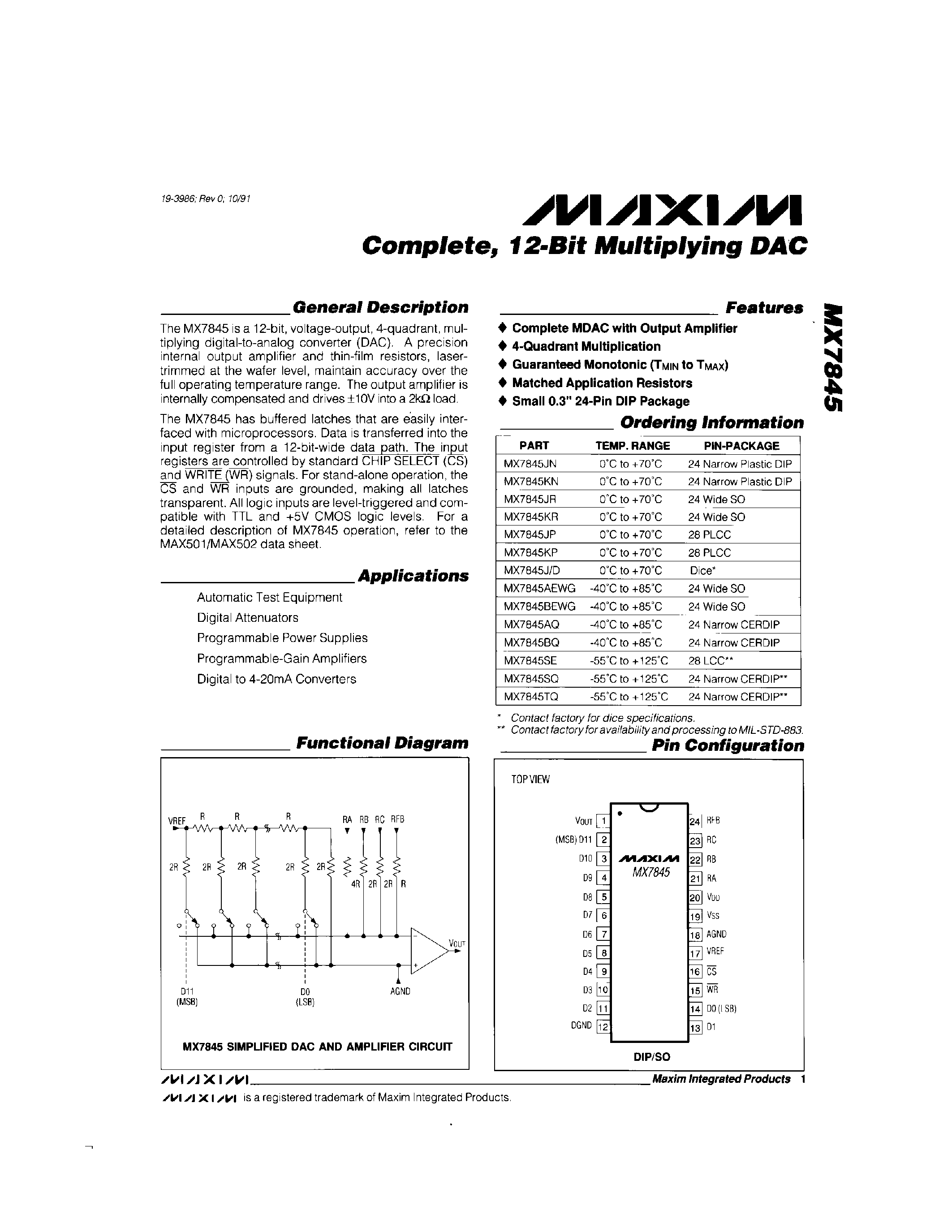 Datasheet MX7845 - Complete / 12-Bit Multiplying DAC page 1