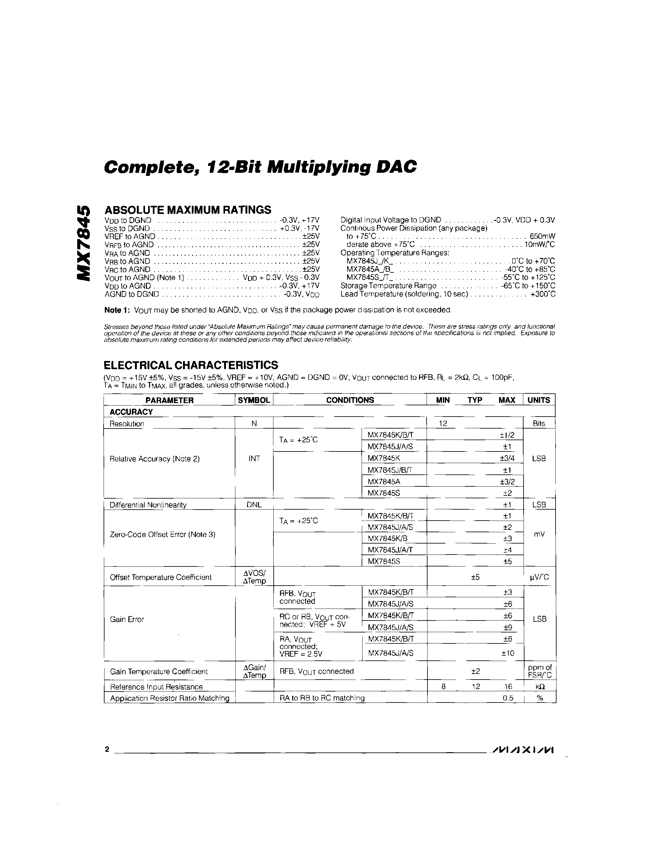 Datasheet MX7845 - Complete / 12-Bit Multiplying DAC page 2
