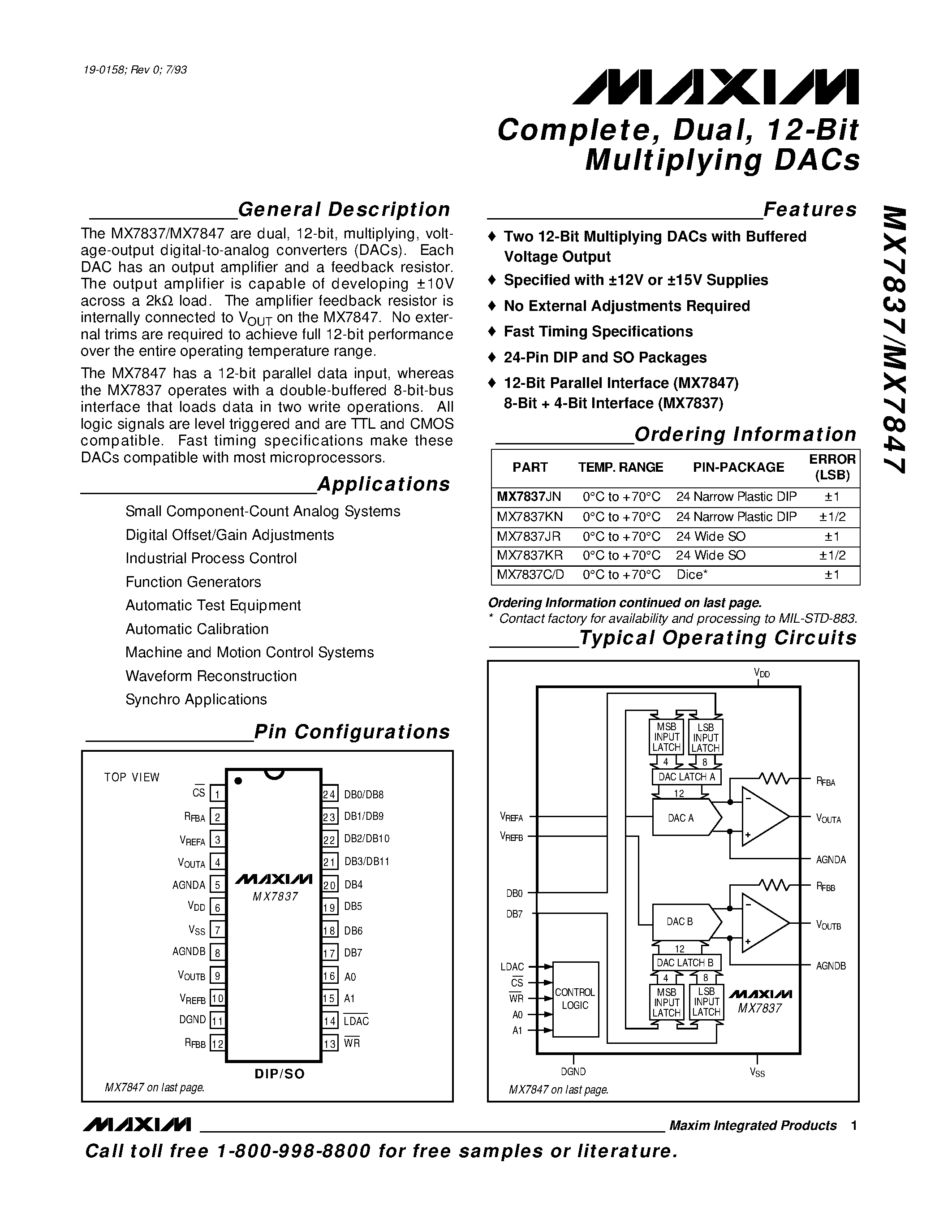 Даташит MX7847KN - Complete / Dual / 12-Bit Multiplying DACs страница 1