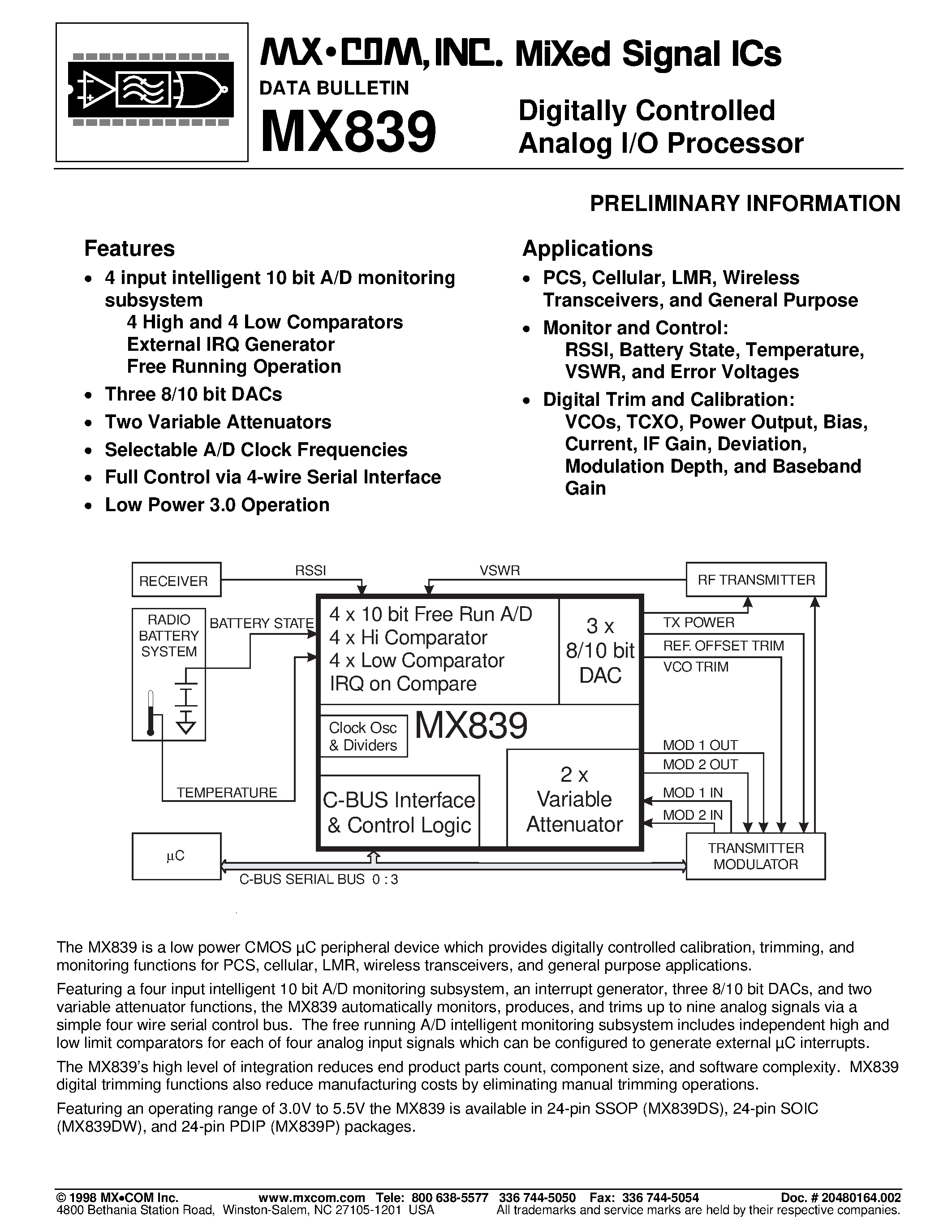 Даташит MX839 - Digitally Controlled Analog I/O Processor страница 1