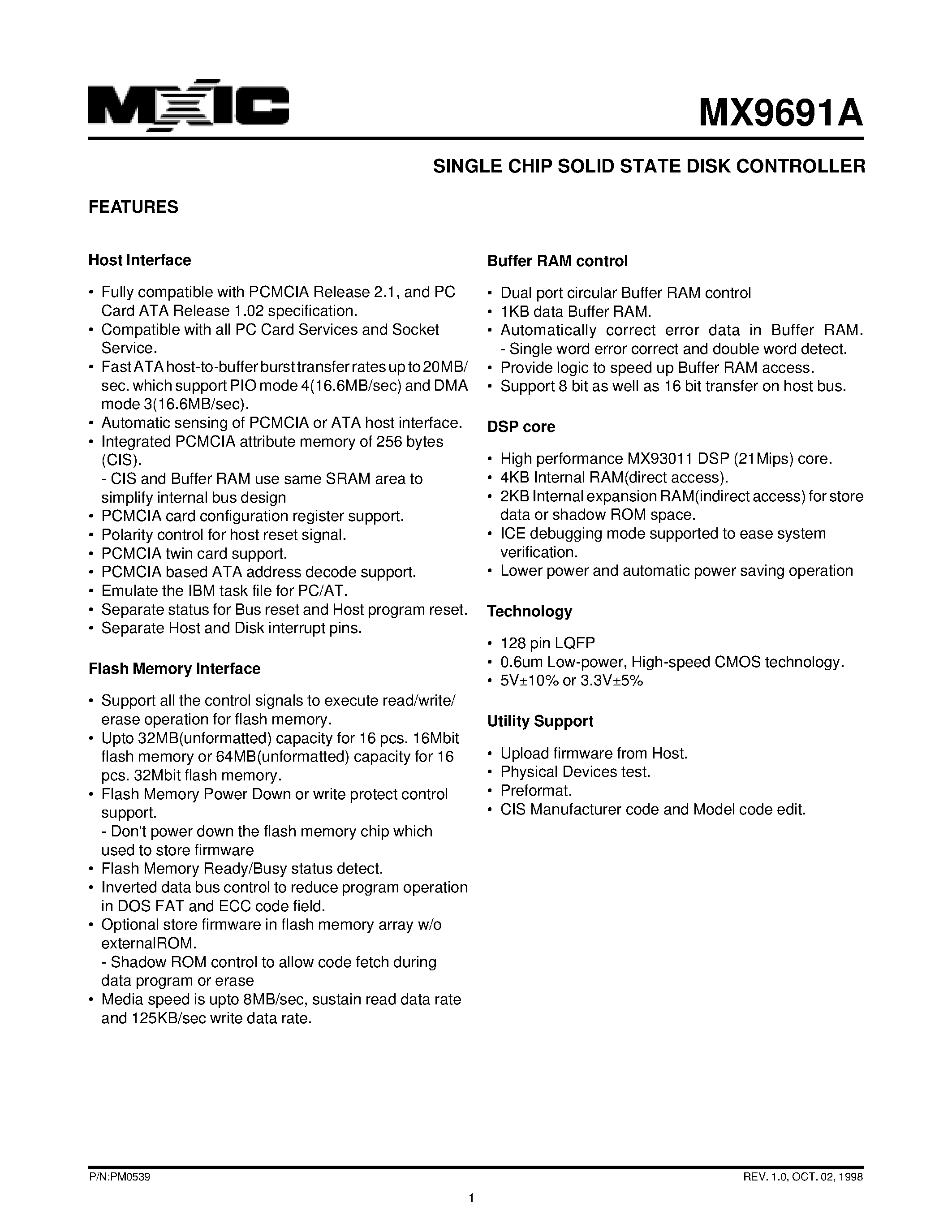 Datasheet MX9691A - SINGLE CHIP SOLID STATE DISK CONTROLLER page 1