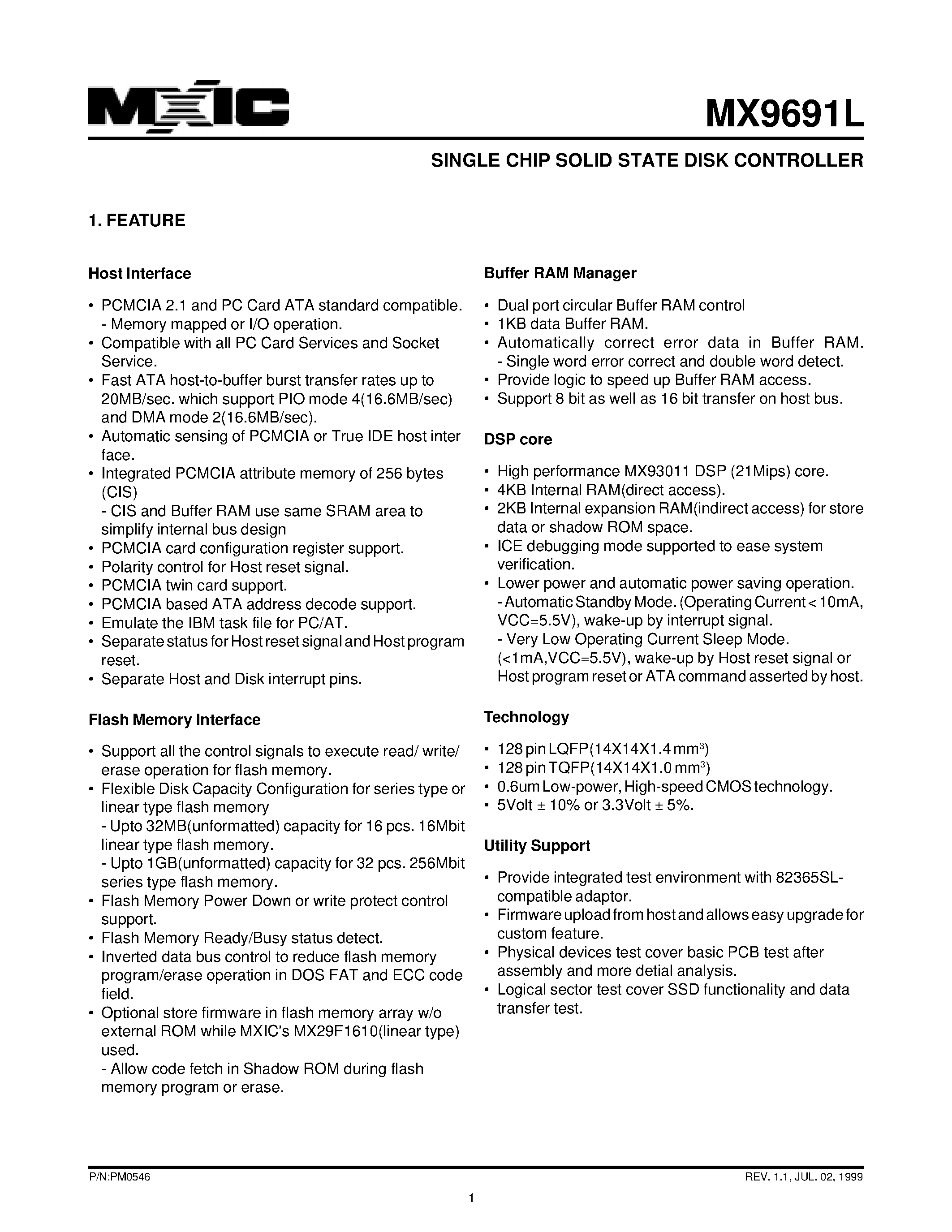Datasheet MX9691L - SINGLE CHIP SOLID STATE DISK CONTROLLER page 1