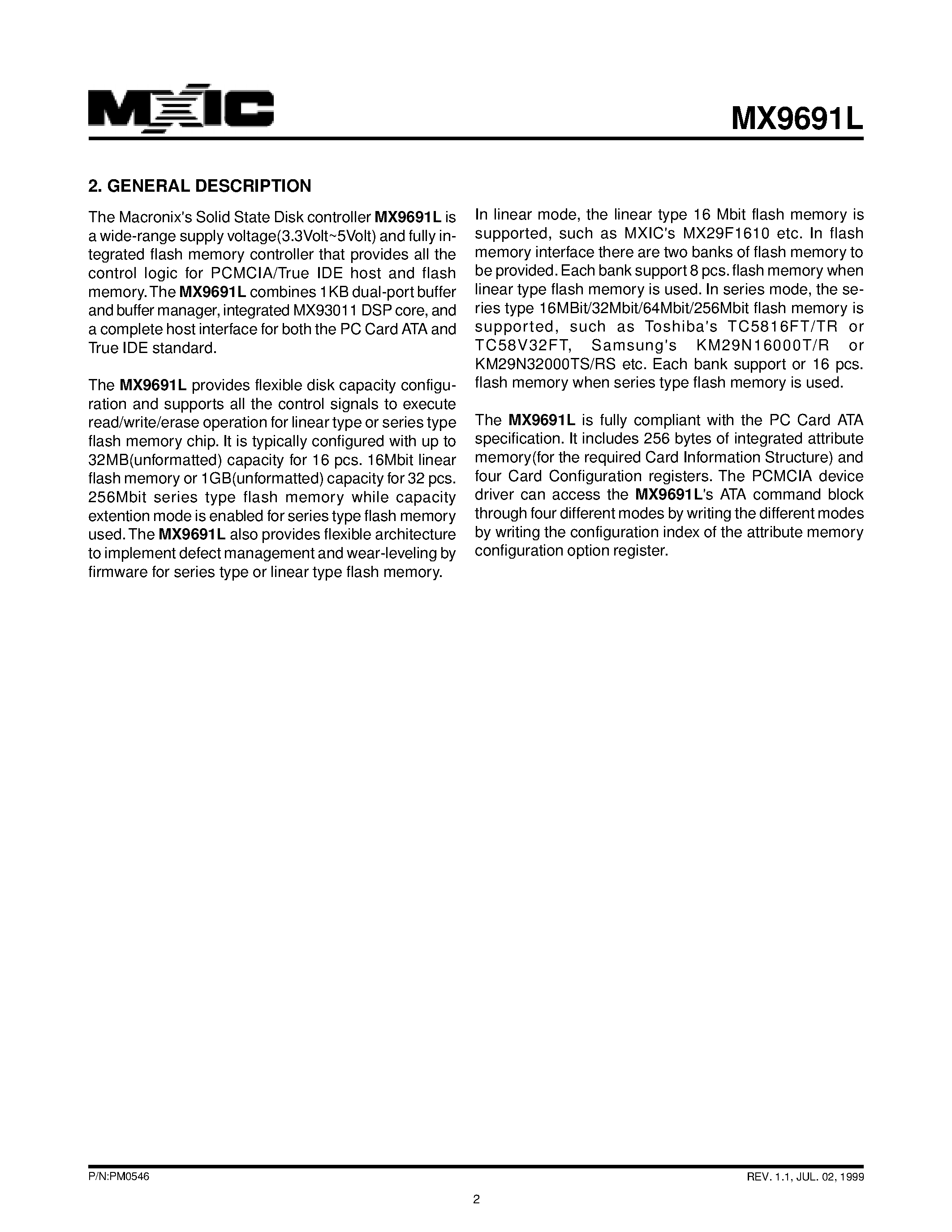 Datasheet MX9691L - SINGLE CHIP SOLID STATE DISK CONTROLLER page 2