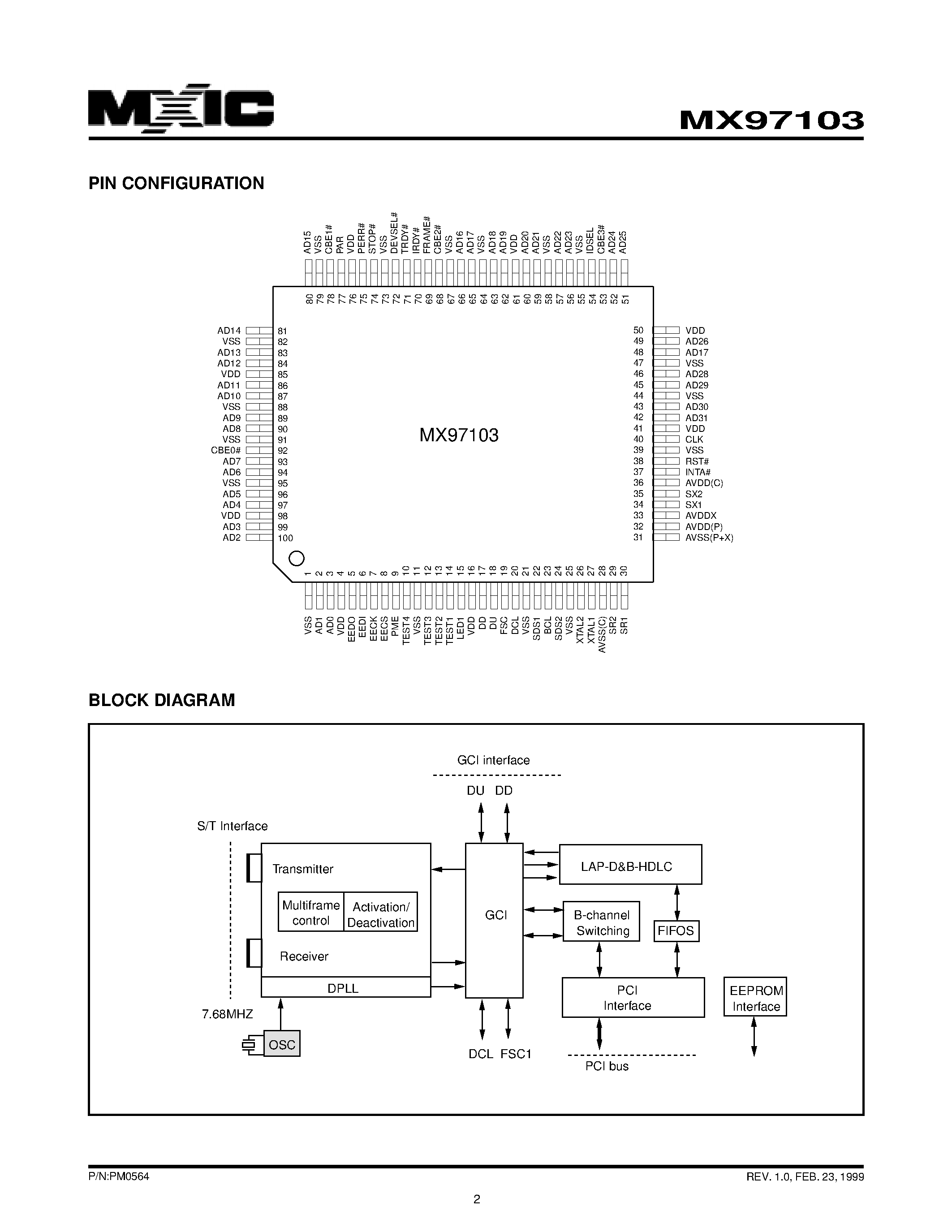 Даташит на микросхему MX97103FC страница 2 Даташит MX97103FC - ISDN S/T-PCI TRANSCEIVER страница 2