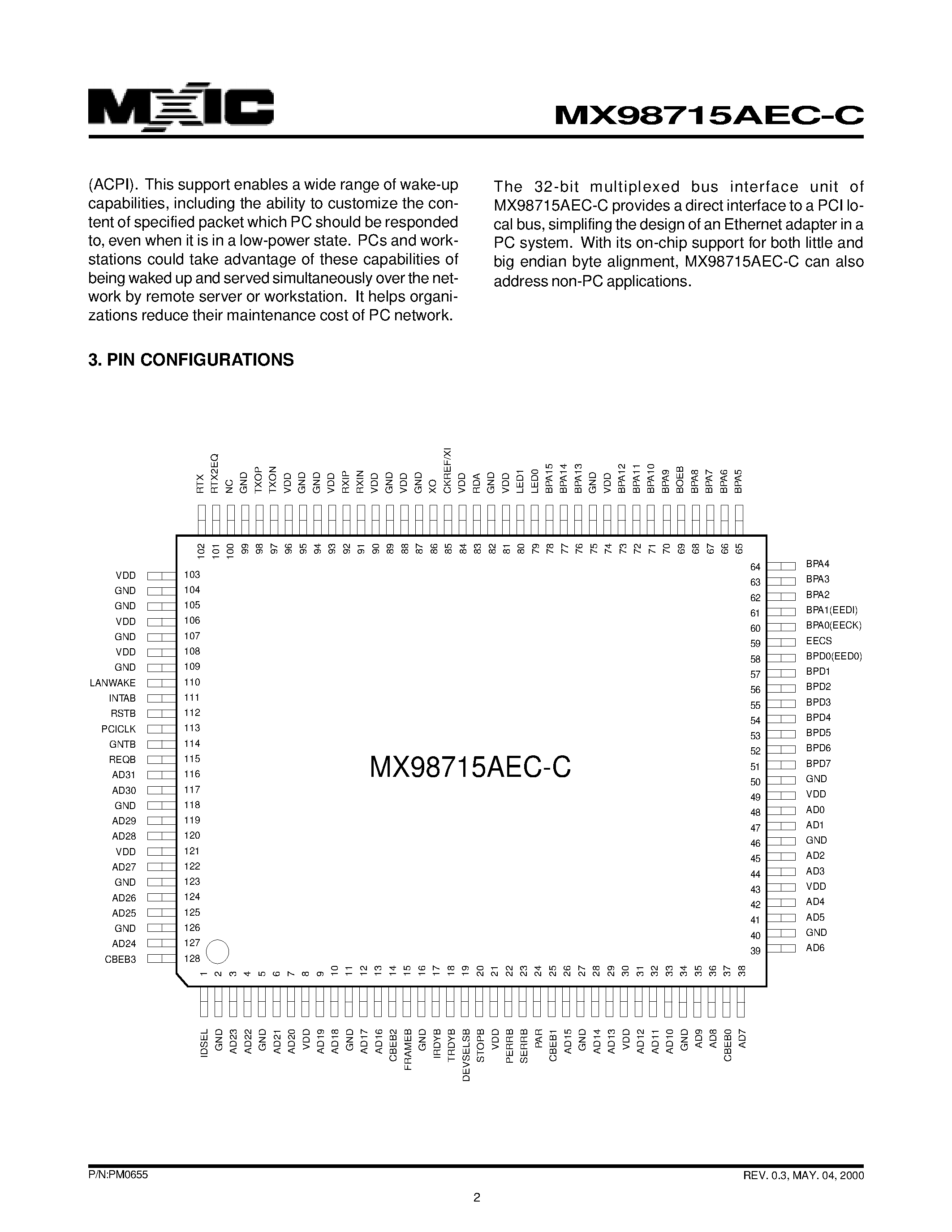 Datasheet MX98715AEC-C page 2 Datasheet MX98715AEC-C - SINGLE CHIP FAST ETHERNET NIC CONTROLLER - CRYSTAL VERSION page 2