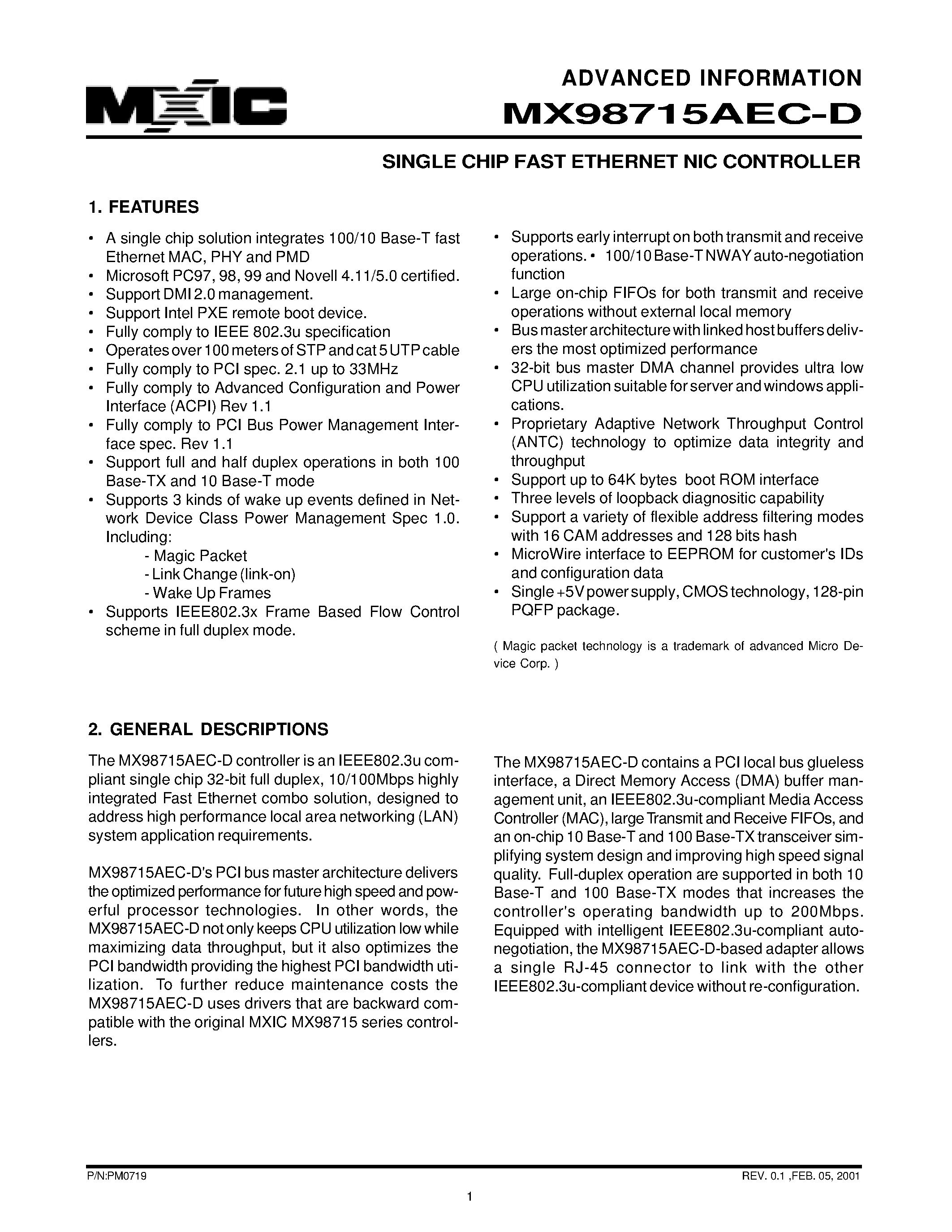 Datasheet MX98715AEC-D - SINGLE CHIP FAST ETHERNET NIC CONTROLLER page 1