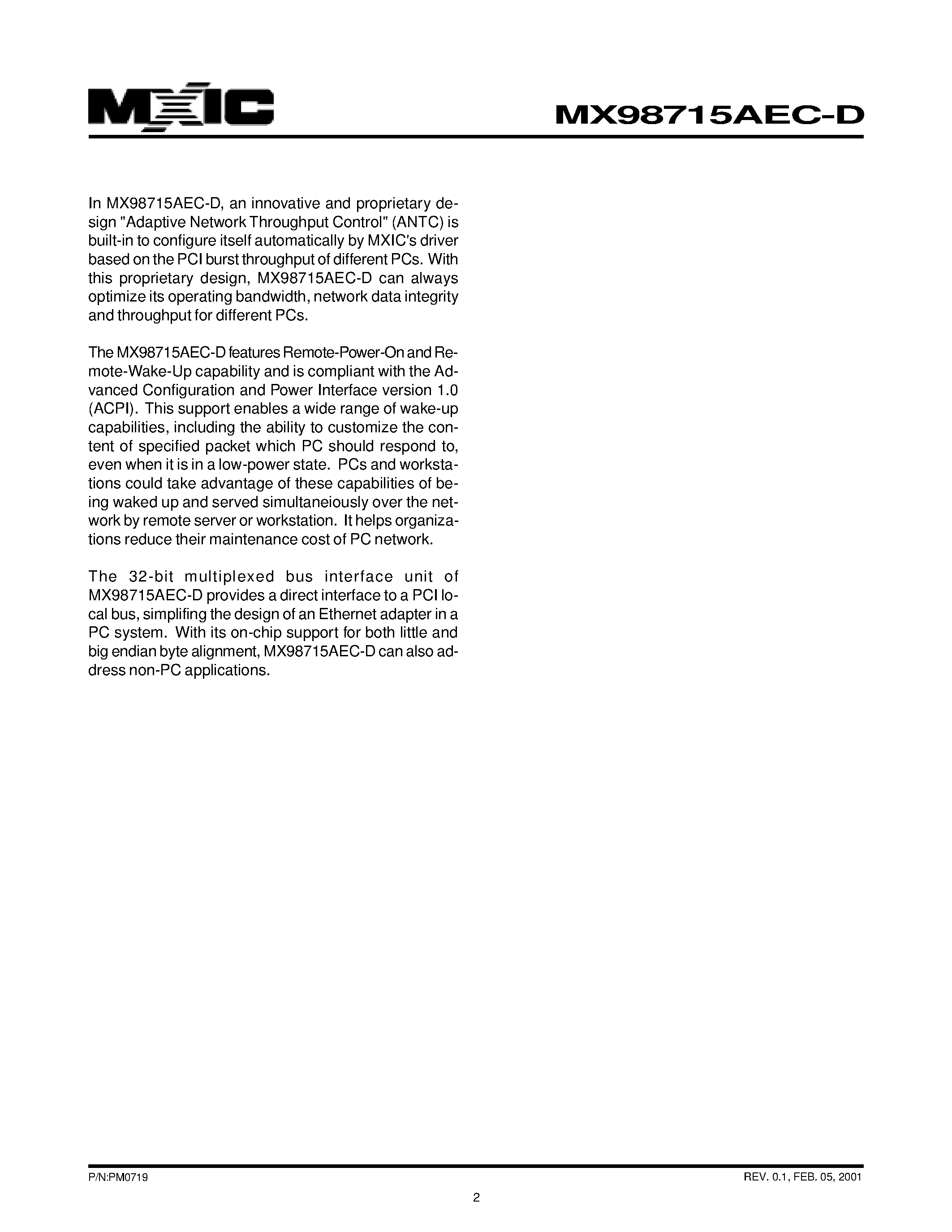 Datasheet MX98715AEC-D - SINGLE CHIP FAST ETHERNET NIC CONTROLLER page 2