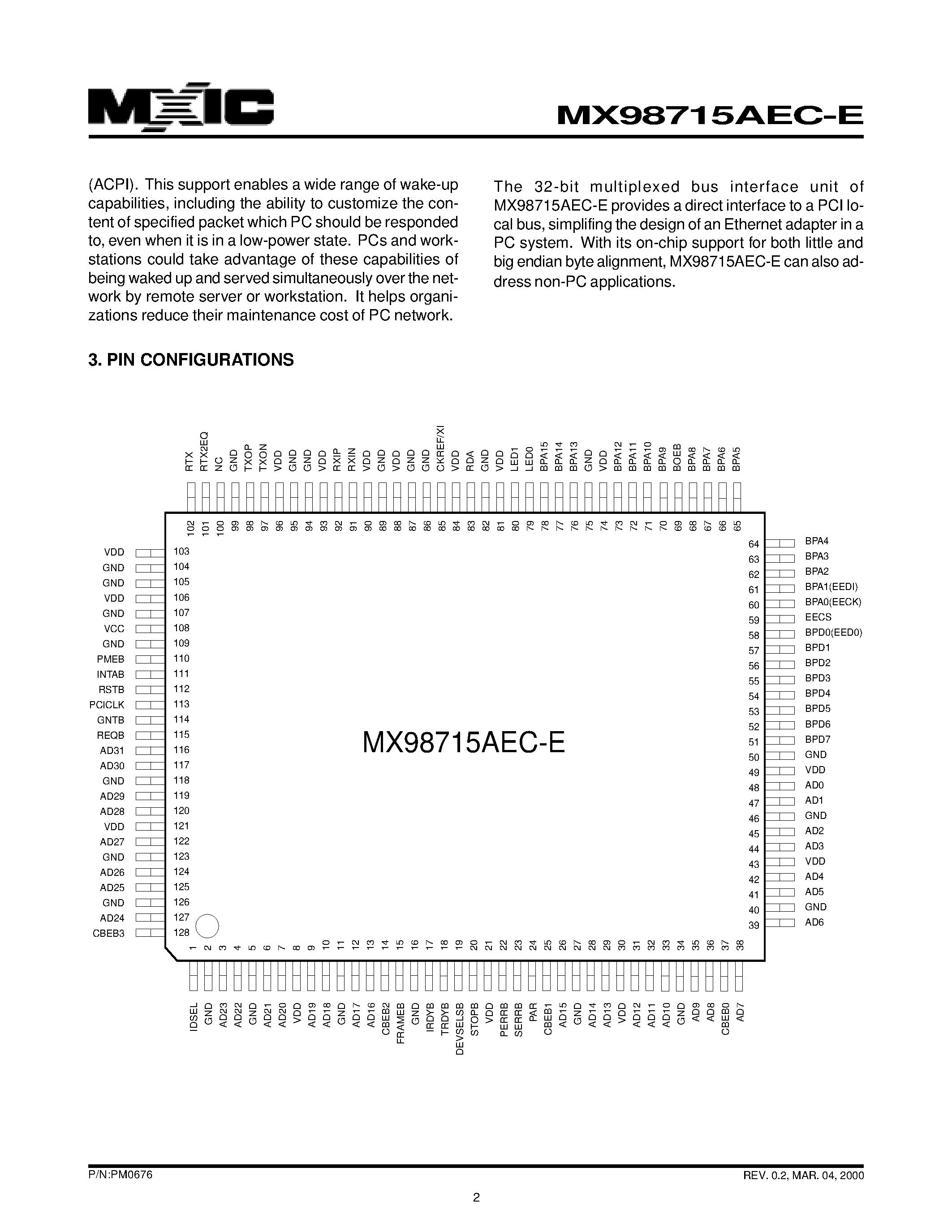 Даташит на микросхему MX98715AEC-E страница 2 Даташит MX98715AEC-E - SINGLE CHIP FAST ETHERNET NIC CONTROLLER - ENHANCED VERSION страница 2