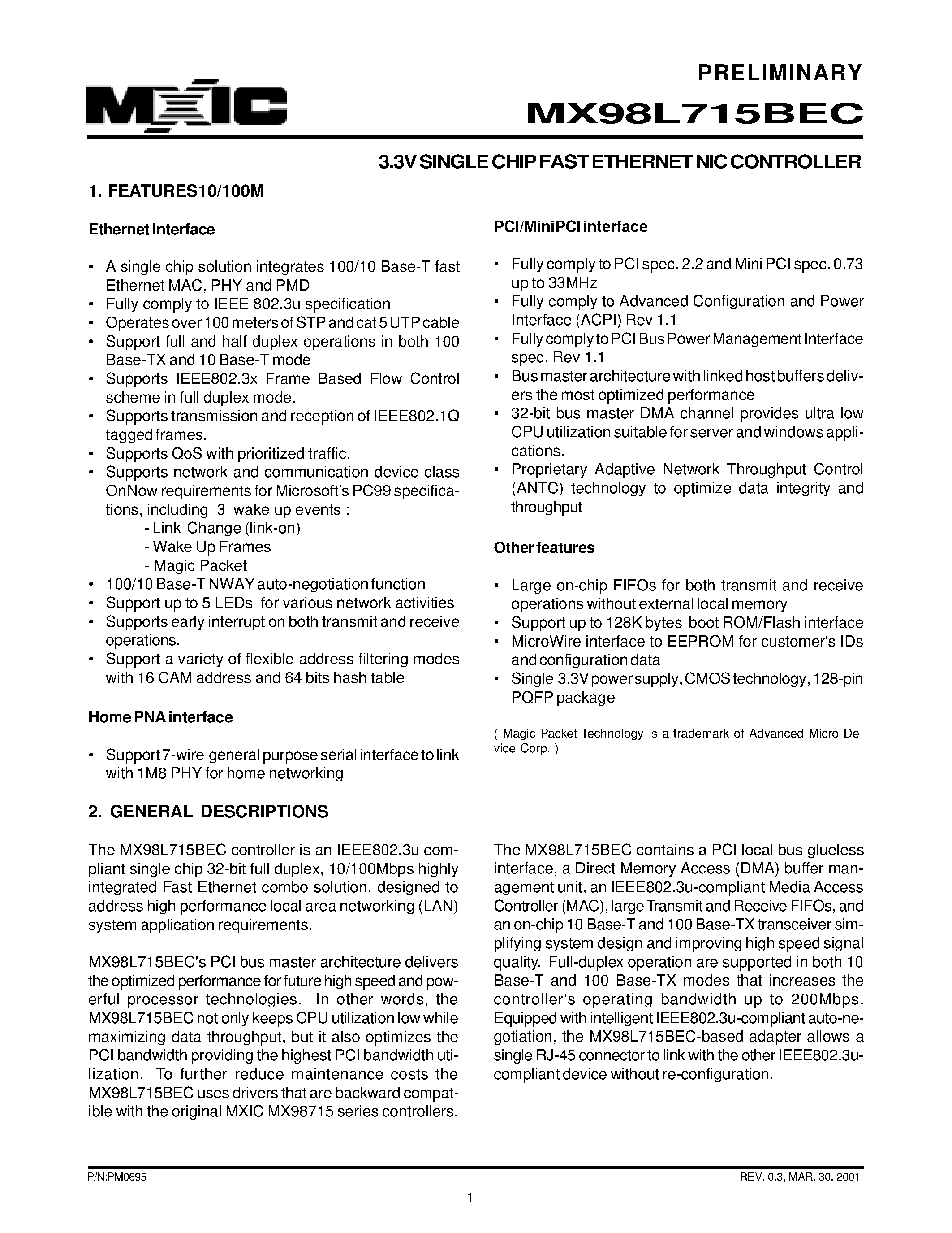 Datasheet MX98L715BEC - 3.3V SINGLE CHIP FAST ETHERNET NIC CONTROLLER page 1