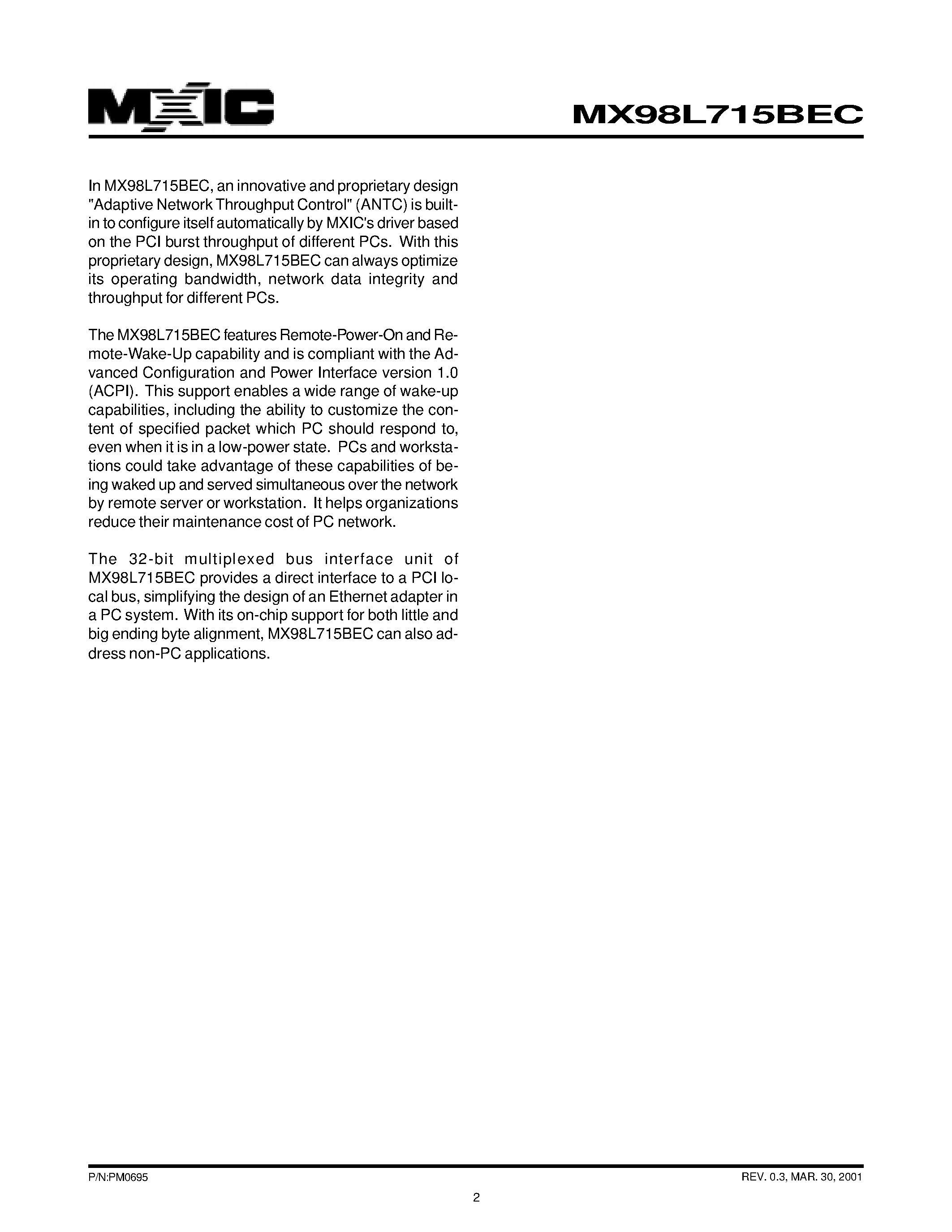 Datasheet MX98L715BEC - 3.3V SINGLE CHIP FAST ETHERNET NIC CONTROLLER page 2