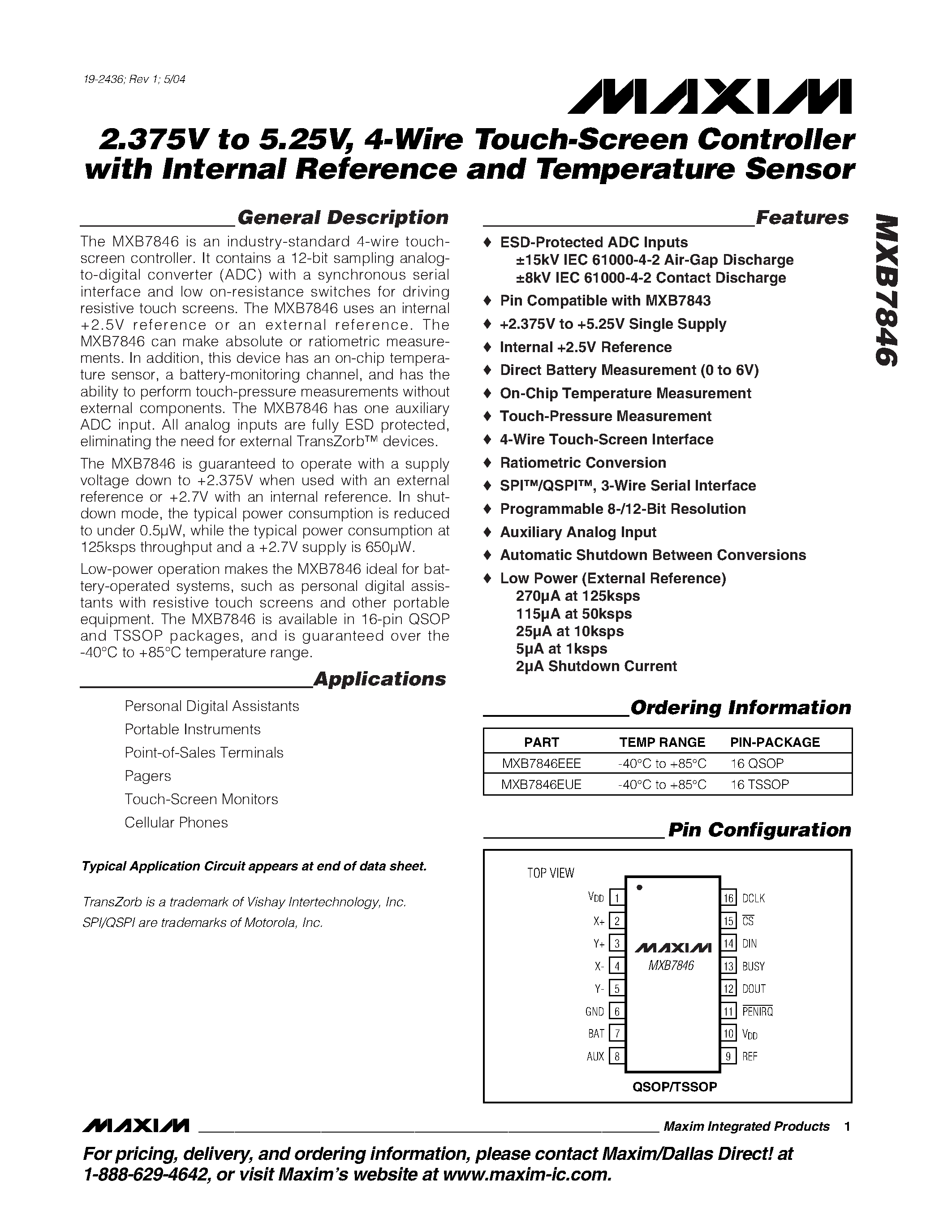 Datasheet MXB7846 - 2.375V to 5.25V / 4-Wire Touch-Screen Controller with Internal Reference and Temperature Sensor page 1