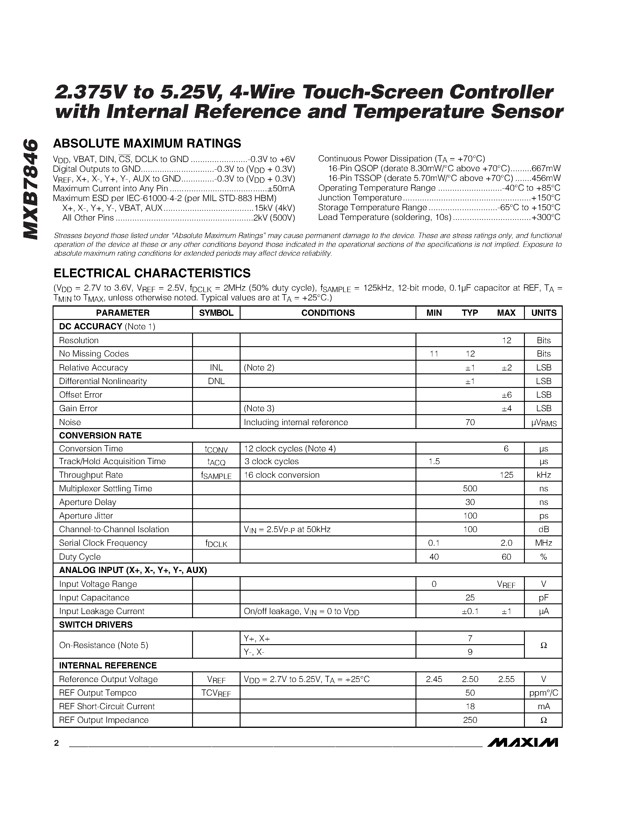 Datasheet MXB7846 - 2.375V to 5.25V / 4-Wire Touch-Screen Controller with Internal Reference and Temperature Sensor page 2