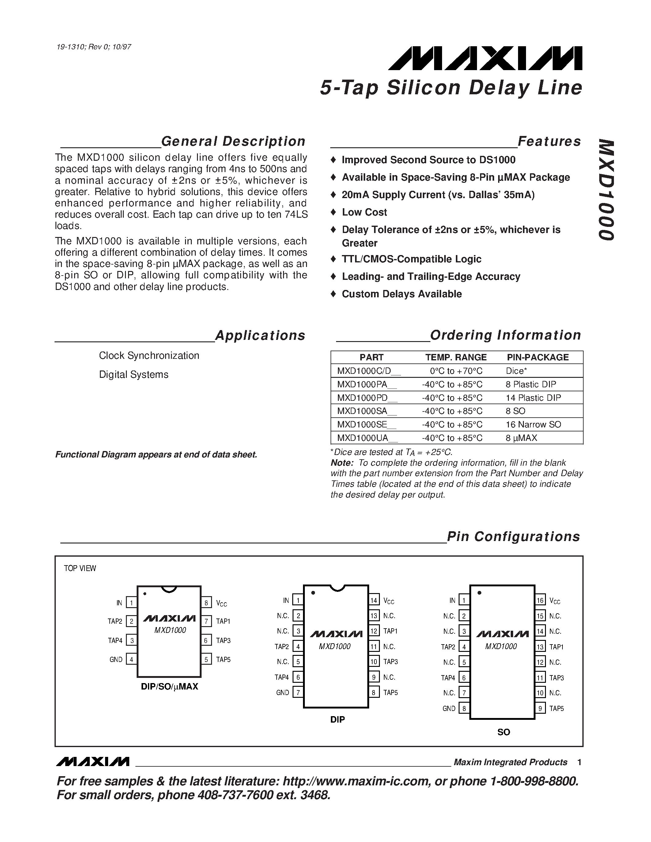 Datasheet MXD1000 - 5-Tap Silicon Delay Line page 1