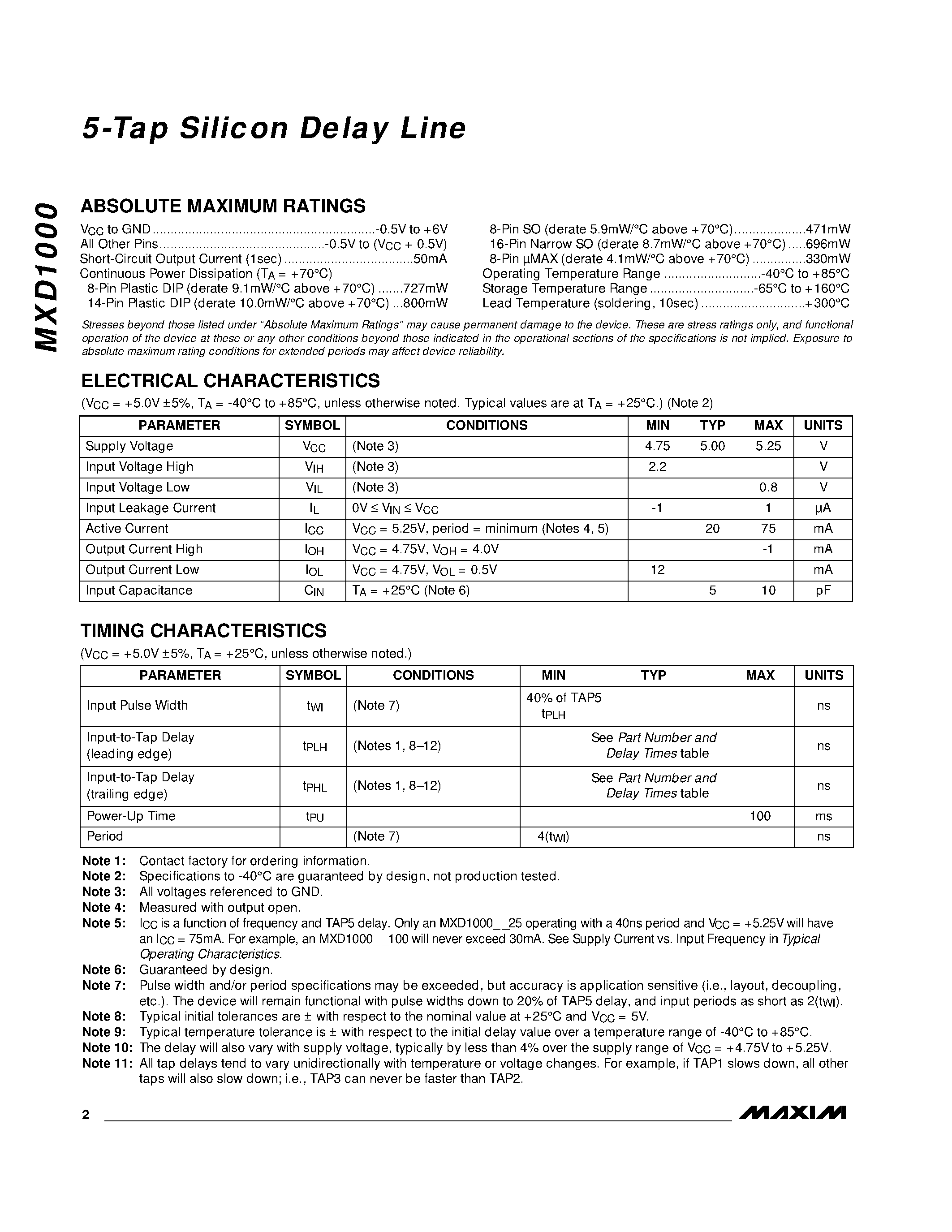 Datasheet MXD1000 - 5-Tap Silicon Delay Line page 2