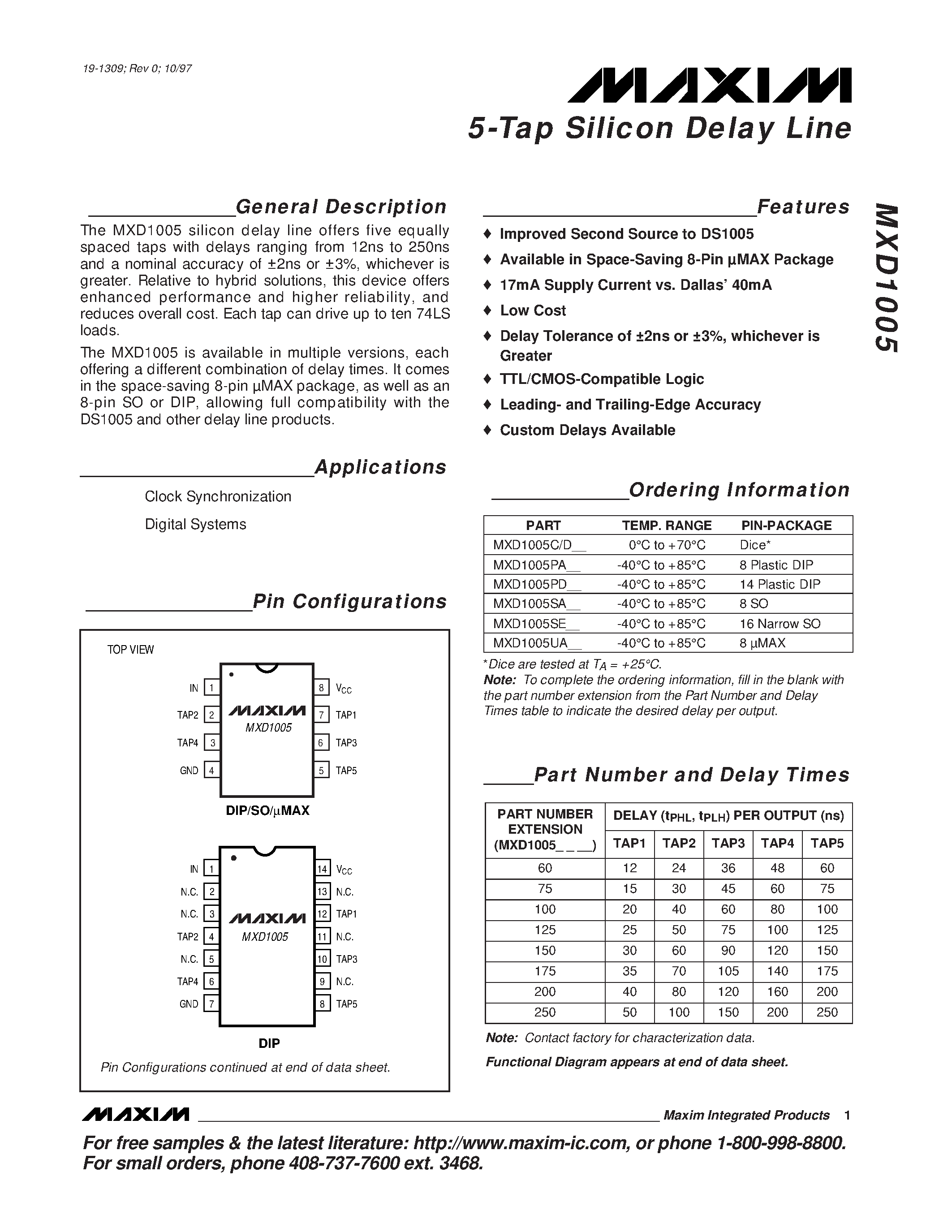 Datasheet MXD1005 - 5-Tap Silicon Delay Line page 1