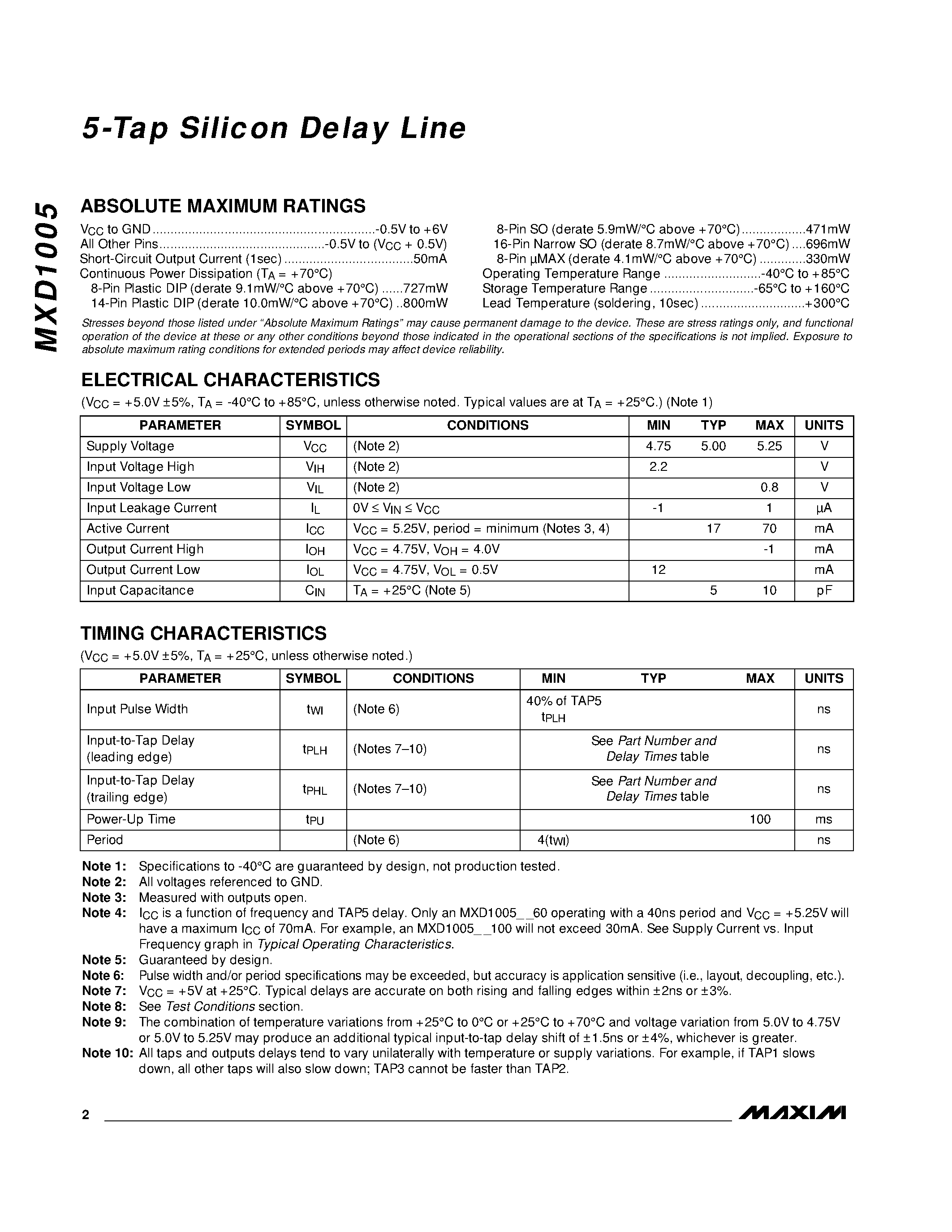 Datasheet MXD1005 - 5-Tap Silicon Delay Line page 2