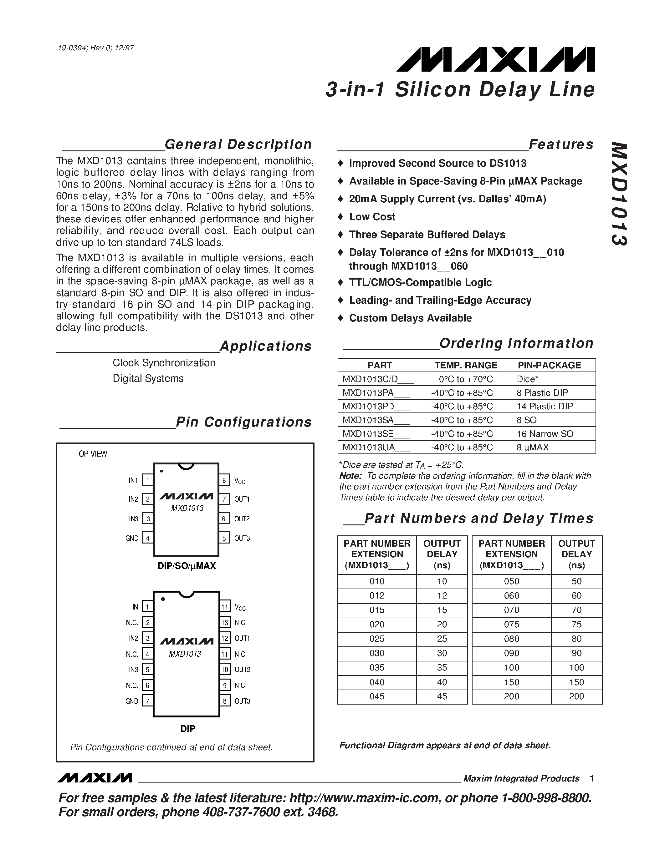 Datasheet MXD1013 - 3-in-1 Silicon Delay Line page 1