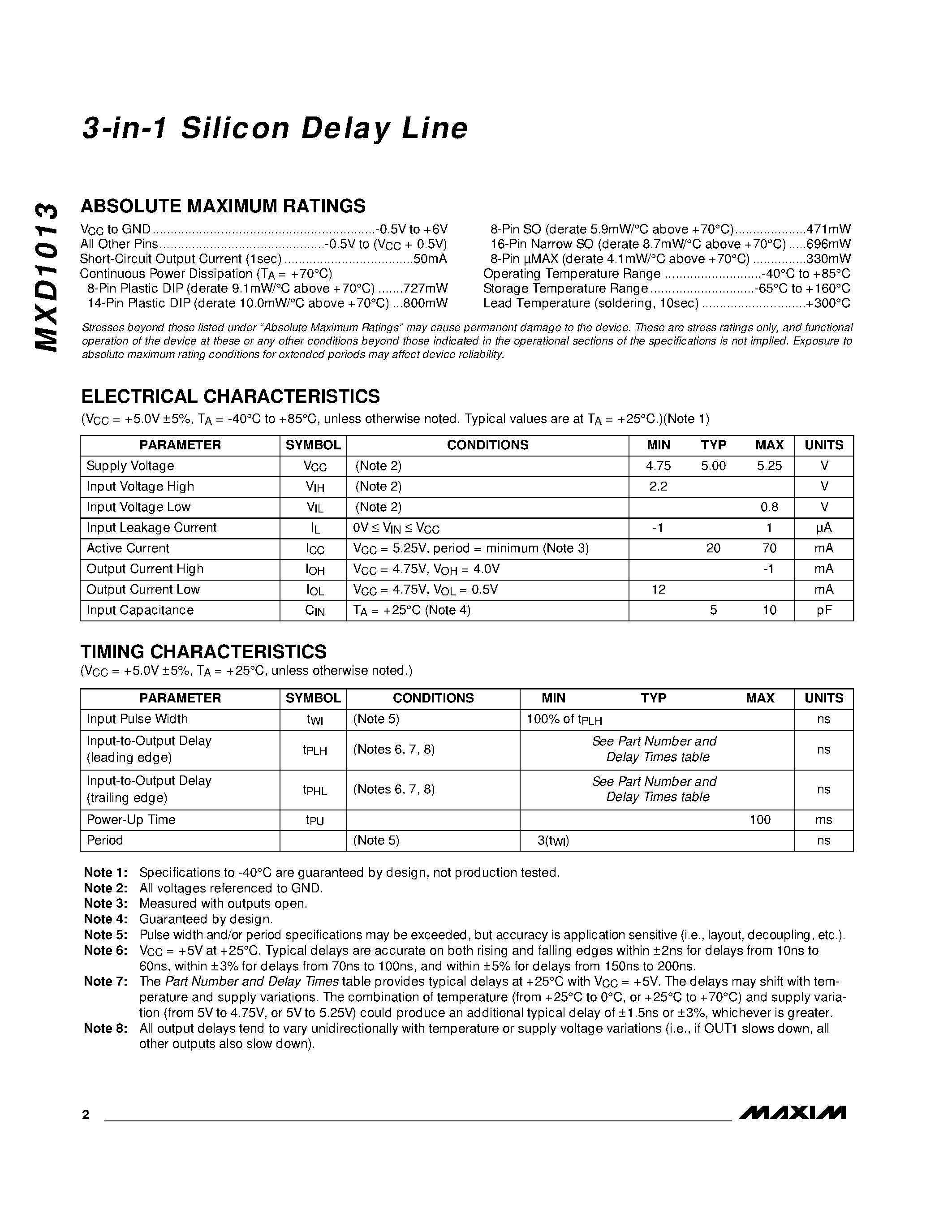 Datasheet MXD1013 - 3-in-1 Silicon Delay Line page 2
