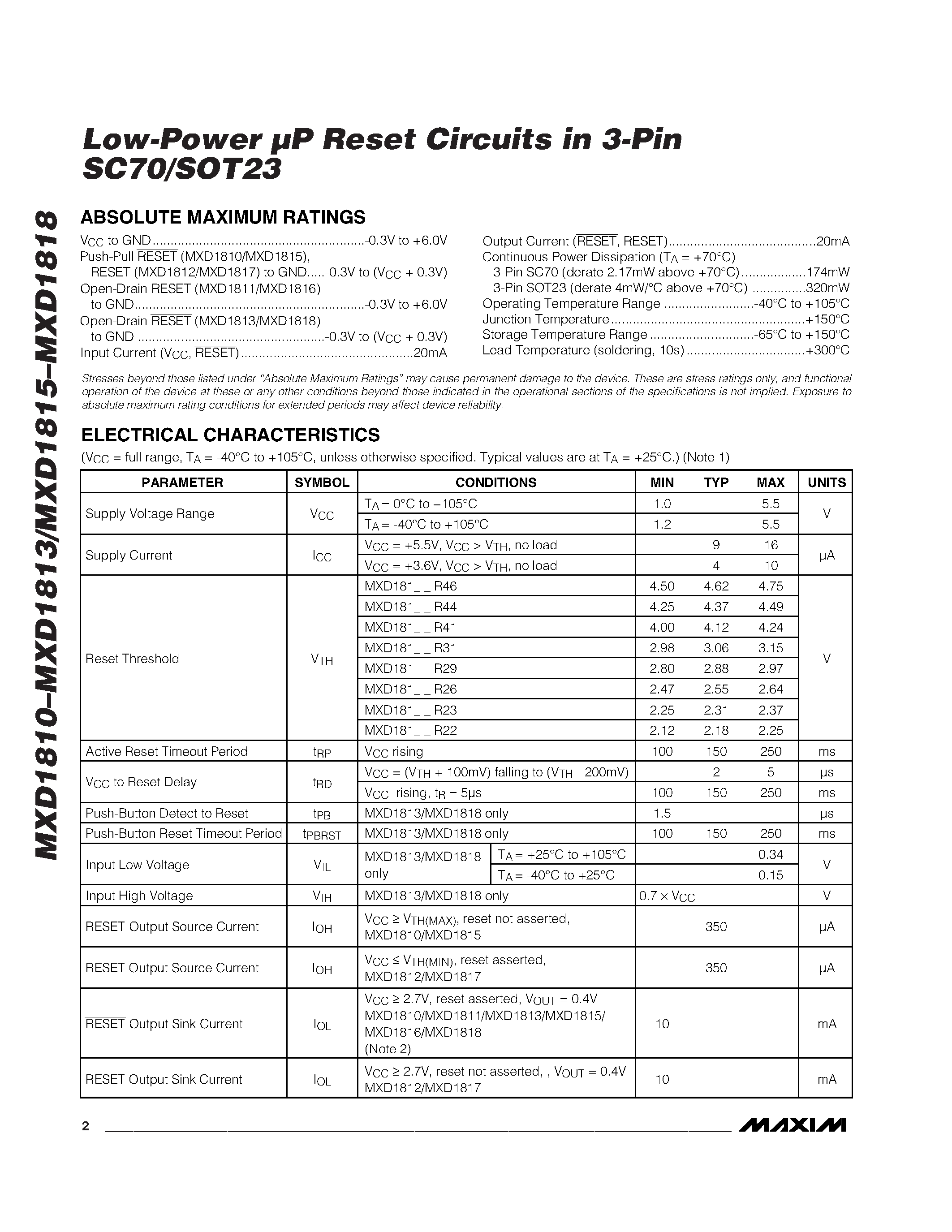 Datasheet MXD1815 - Low-Power UP Reset Circuits in 3-Pin page 2