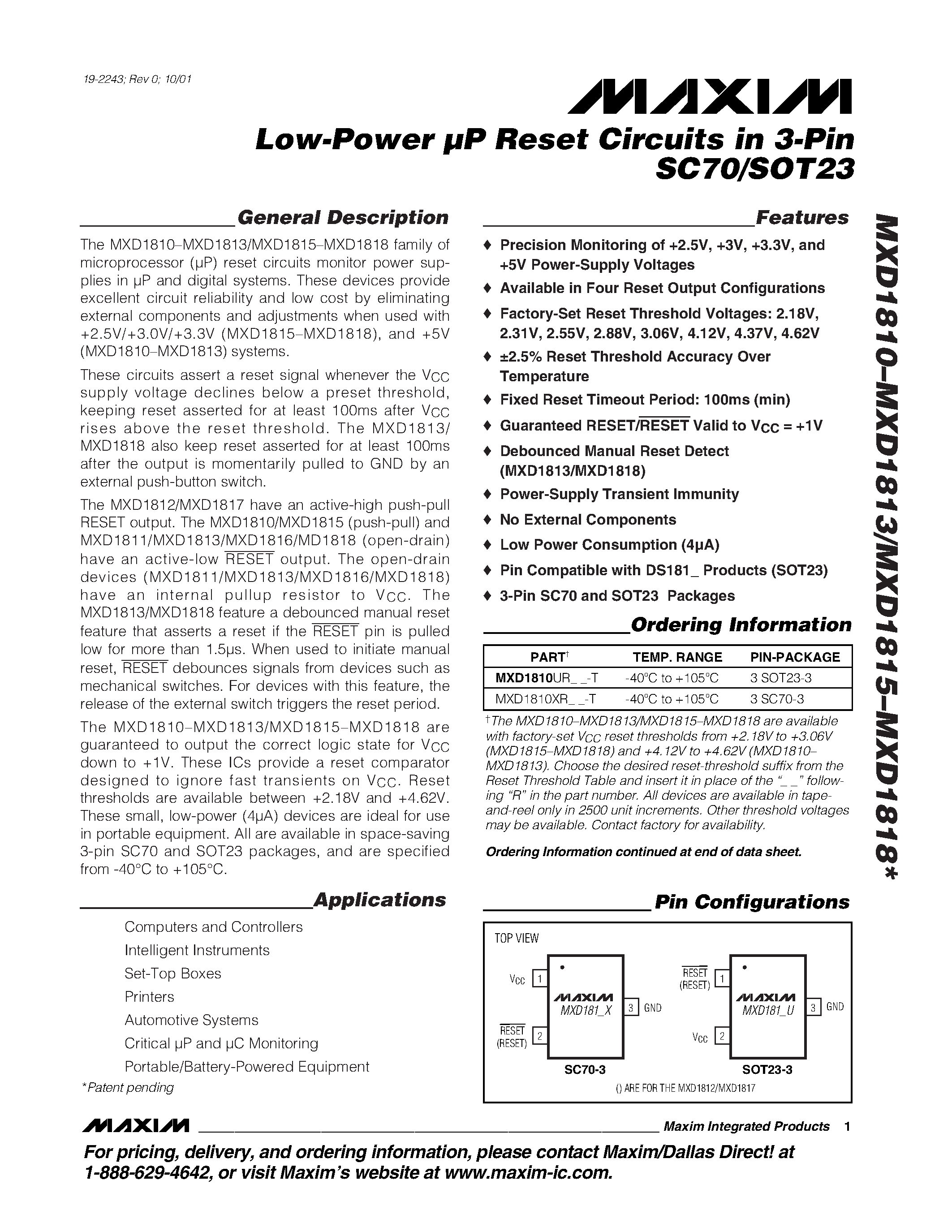 Datasheet MXD1817XR - Low-Power UP Reset Circuits in 3-Pin page 1