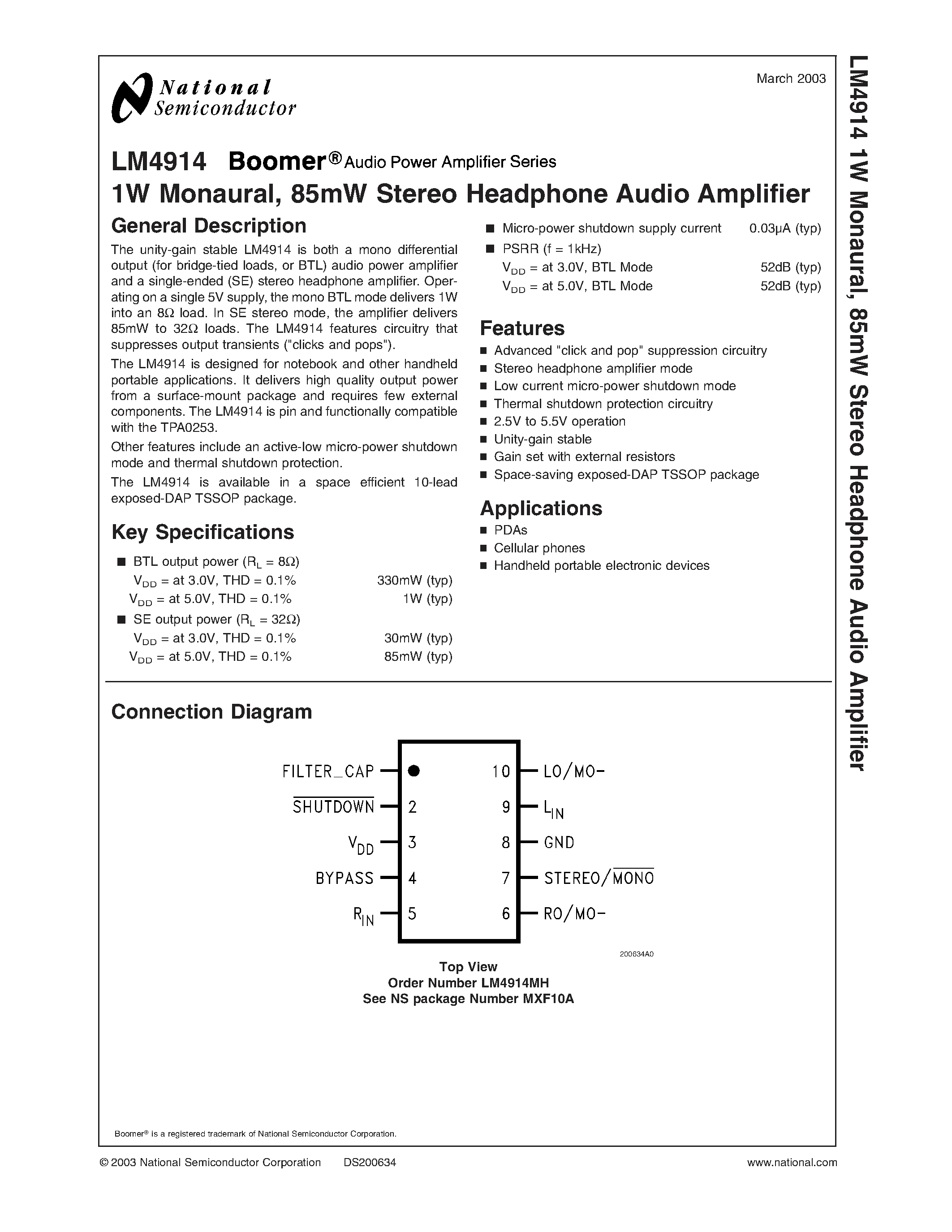 Datasheet MXF10A - 2 Watt Audio Power Amplifier with Selectable Shutdown Logic Level page 1
