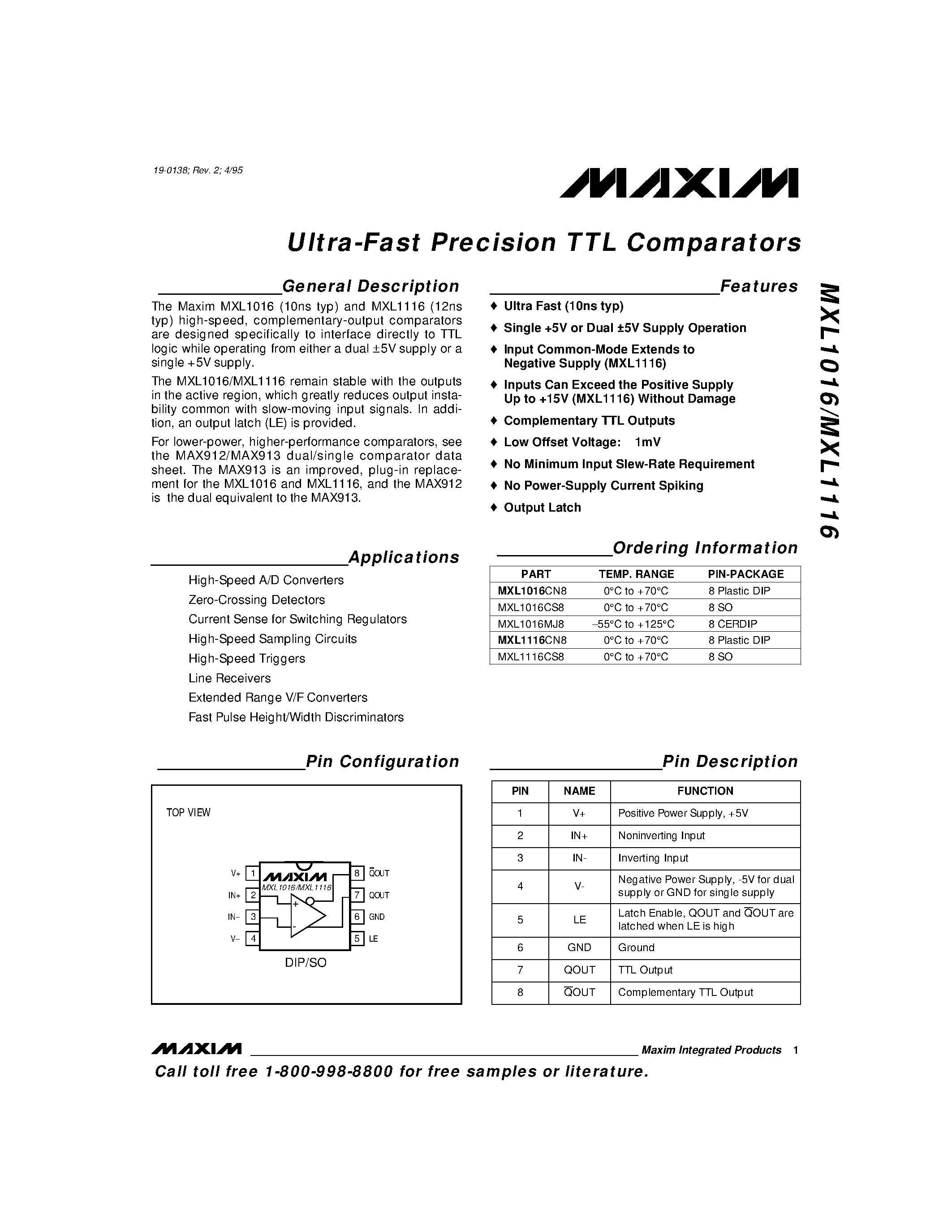 Даташит MXL1016CS8 - Ultra-Fast Precision TTL Comparators страница 1