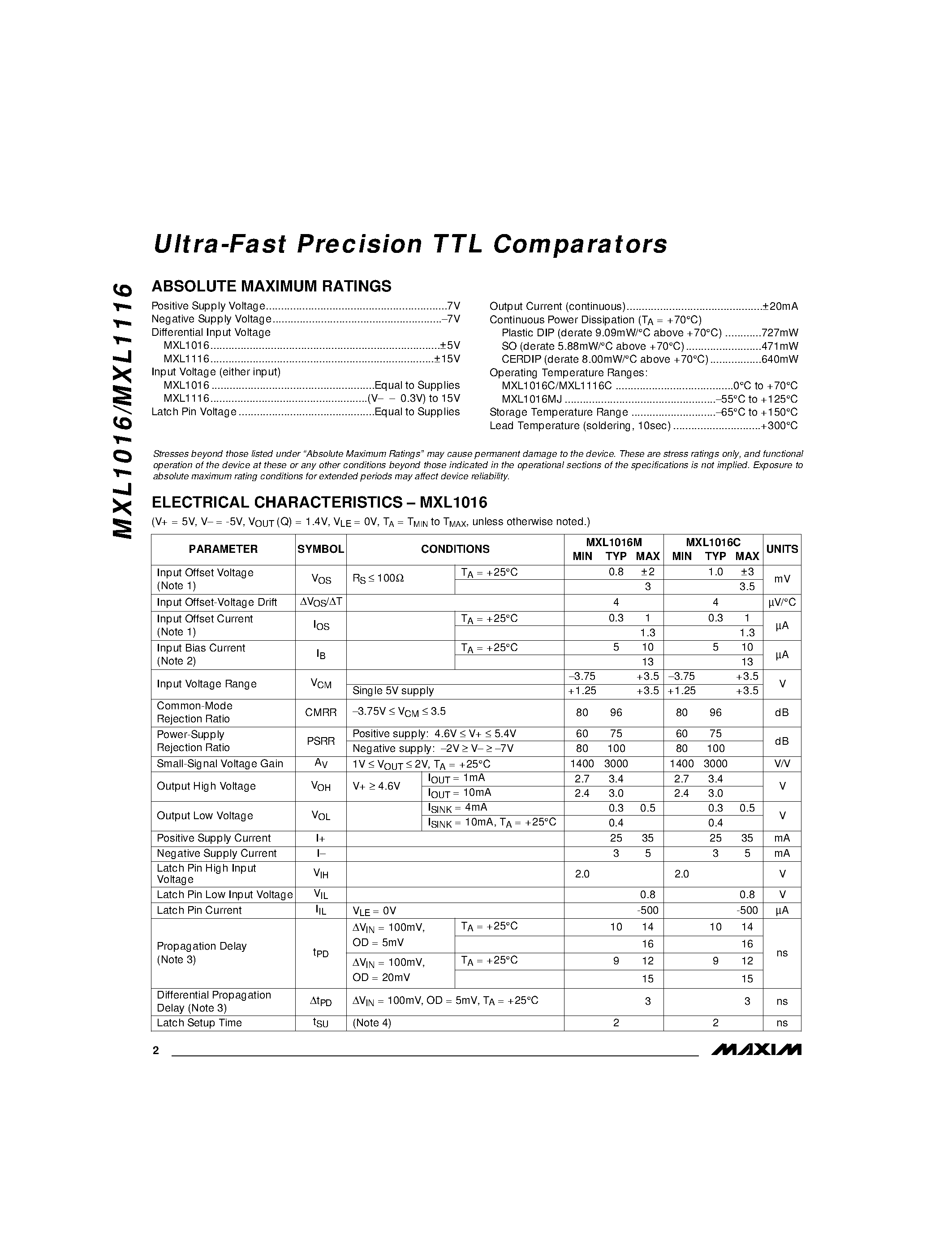 Даташит MXL1016MJ8 - Ultra-Fast Precision TTL Comparators страница 2