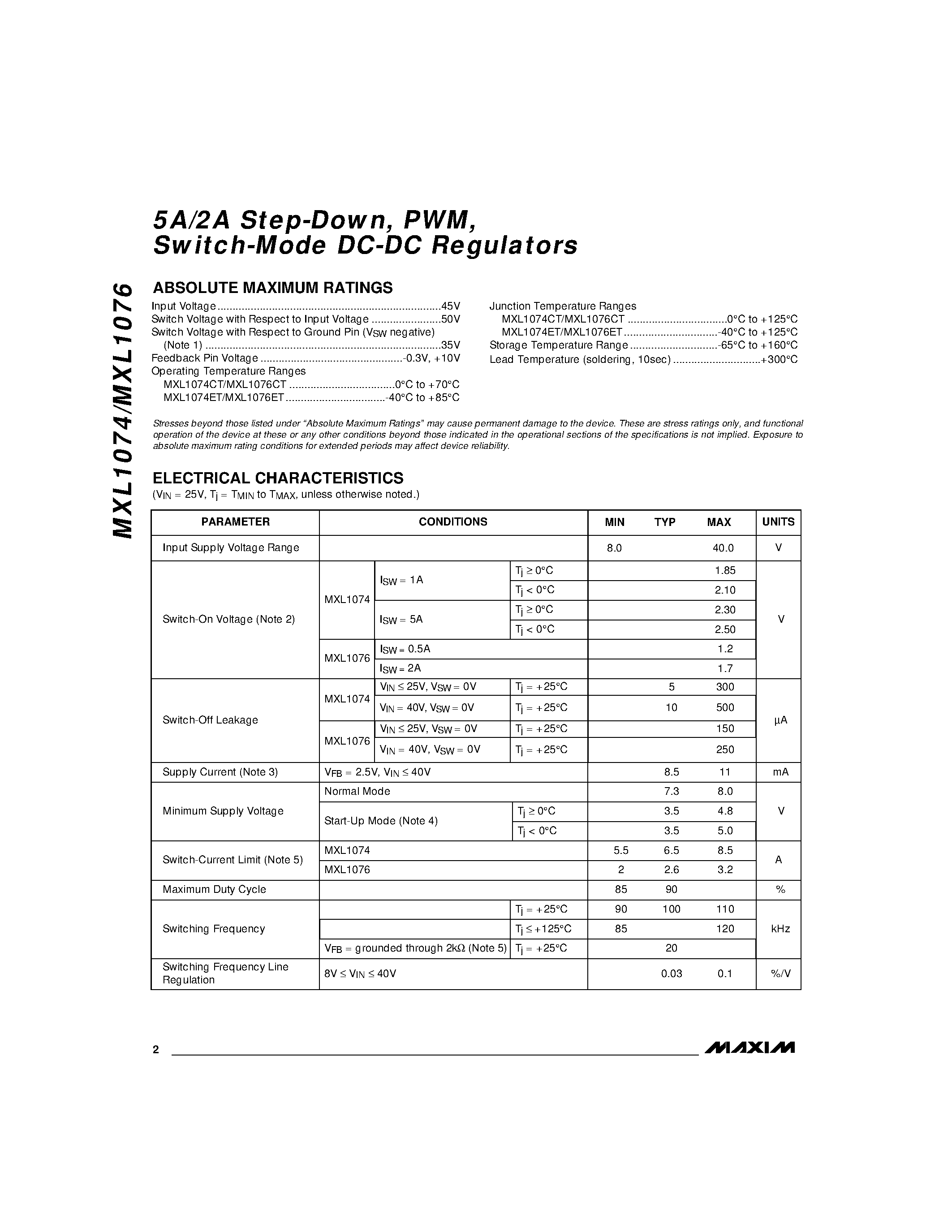 Datasheet MXL1074CT - 5A/2A Step-Down / PWM / Switch-Mode DC-DC Regulators page 2