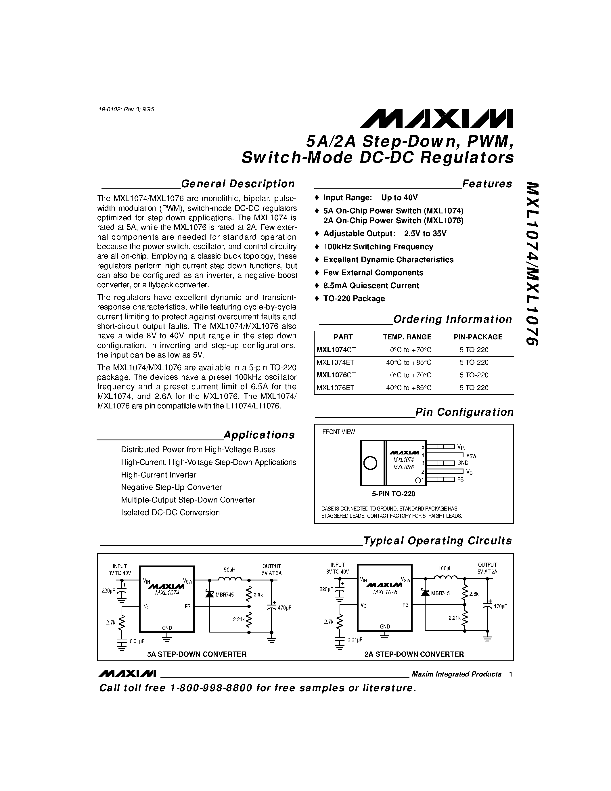 Datasheet MXL1076ET - 5A/2A Step-Down / PWM / Switch-Mode DC-DC Regulators page 1