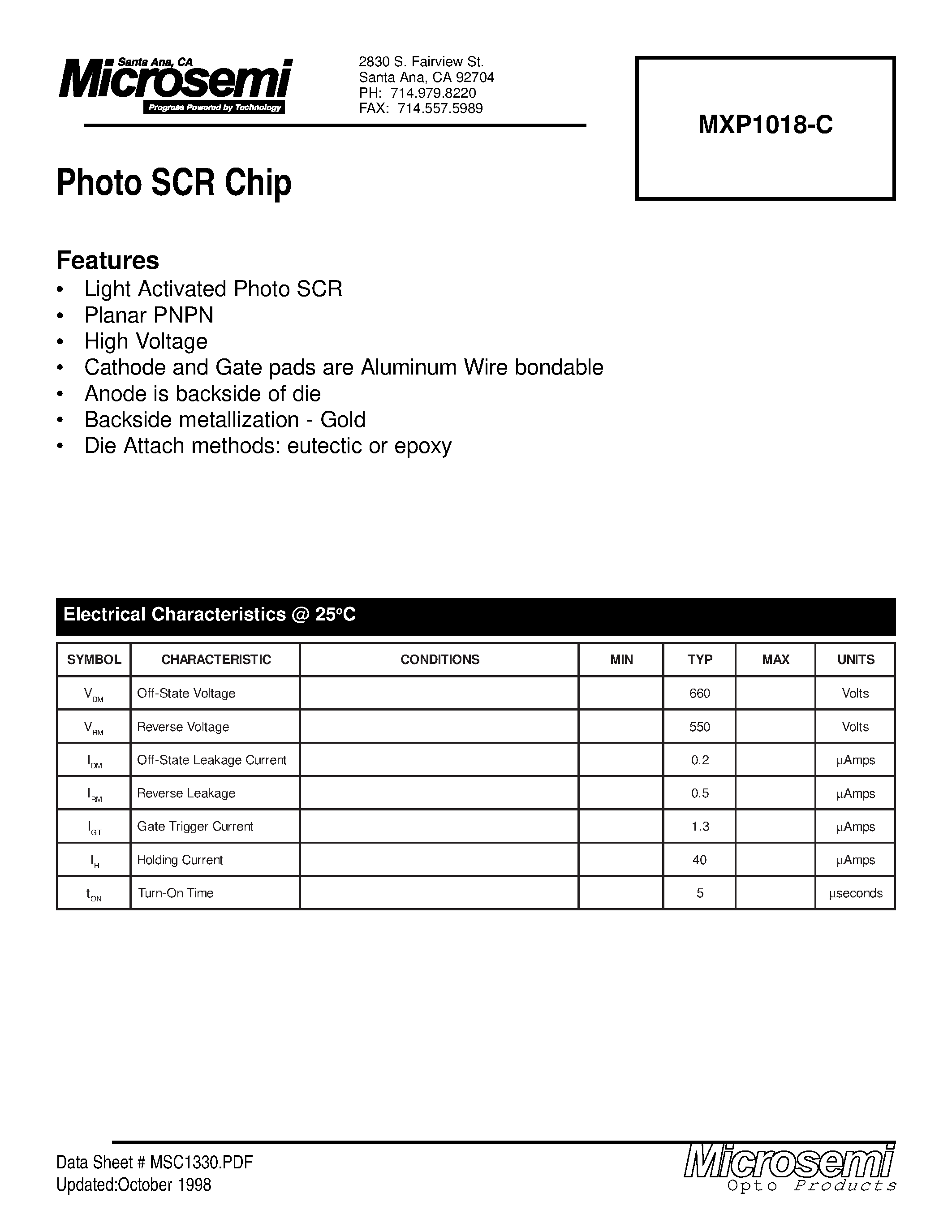 Datasheet MXP1018-C - Photo SCR Chip page 1