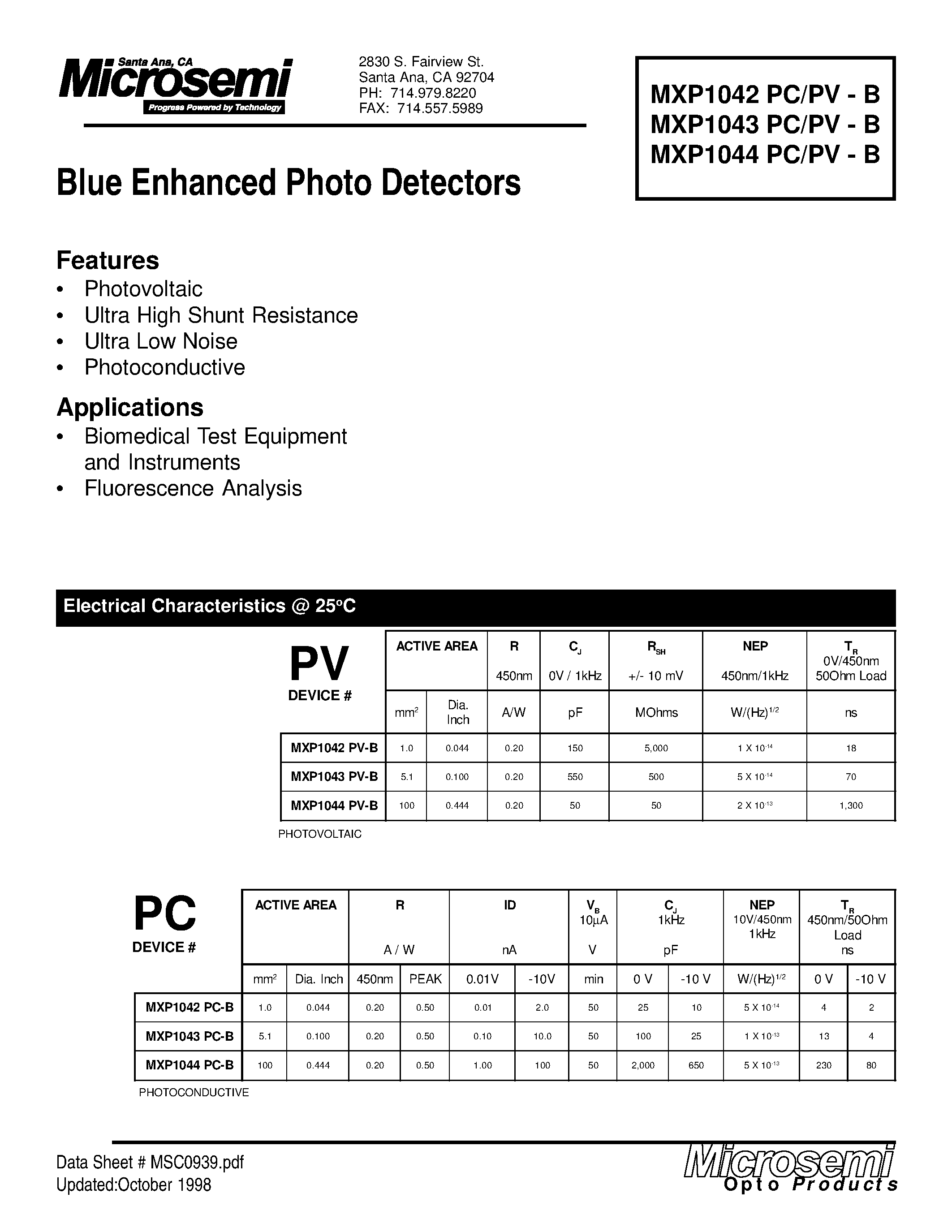 Datasheet MXP1042PC-B page 1 Datasheet MXP1042PC-B - Blue Enhanced Photo Detectors page 1