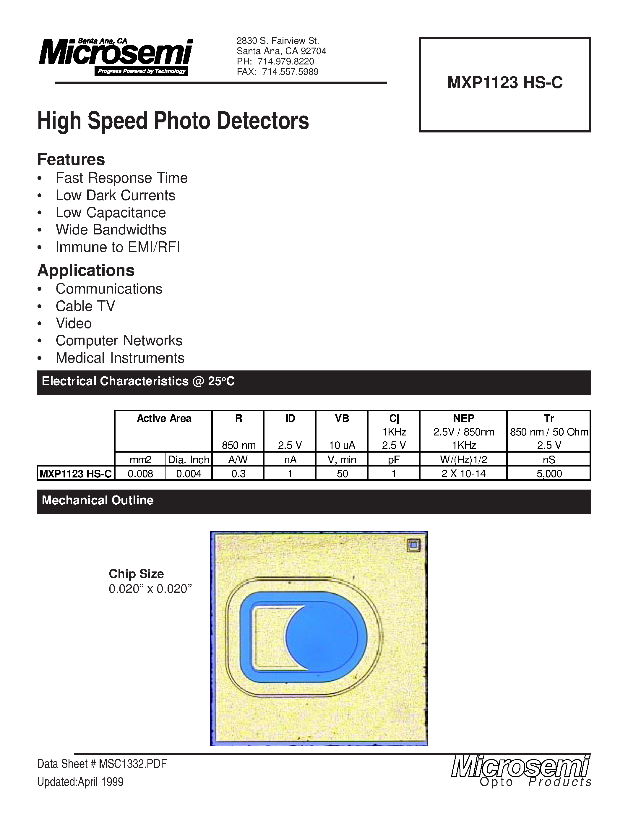 Datasheet MXP1123HS-C page 1 Datasheet MXP1123HS-C - High Speed Photo Detectors page 1