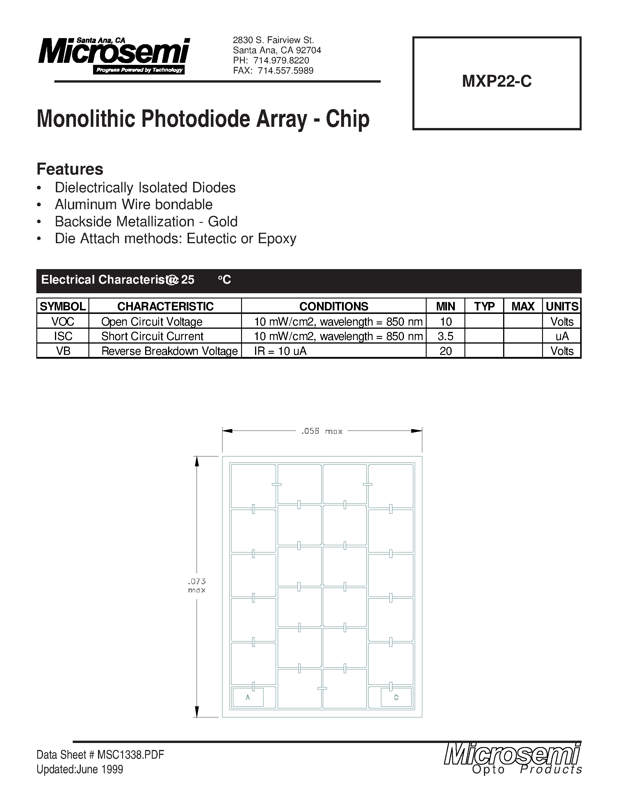 Datasheet MXP22-C page 1 Datasheet MXP22-C - Monolithic Photodiode Array-Chip page 1
