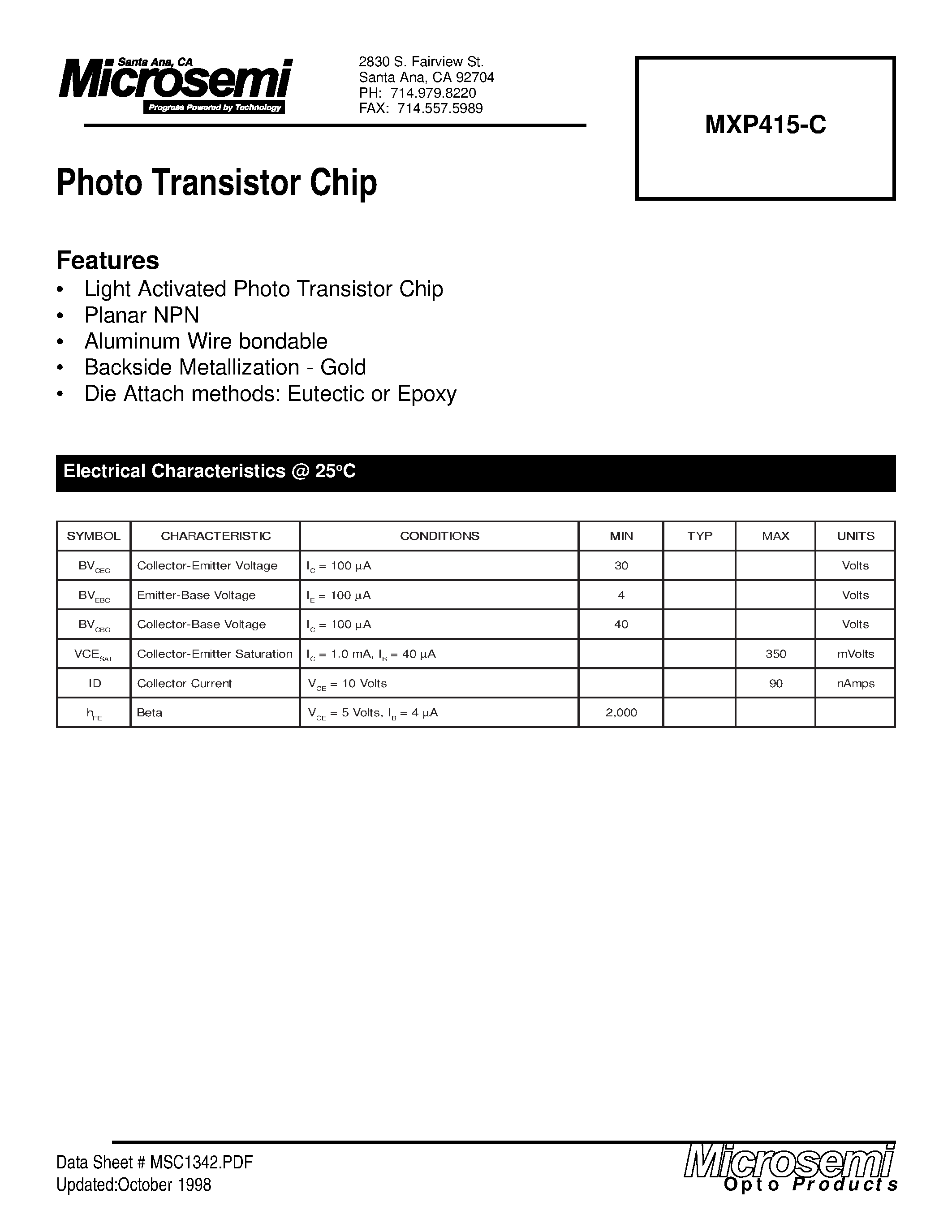 Datasheet MXP415-C page 1 Datasheet MXP415-C - Photo Transistor Chip page 1