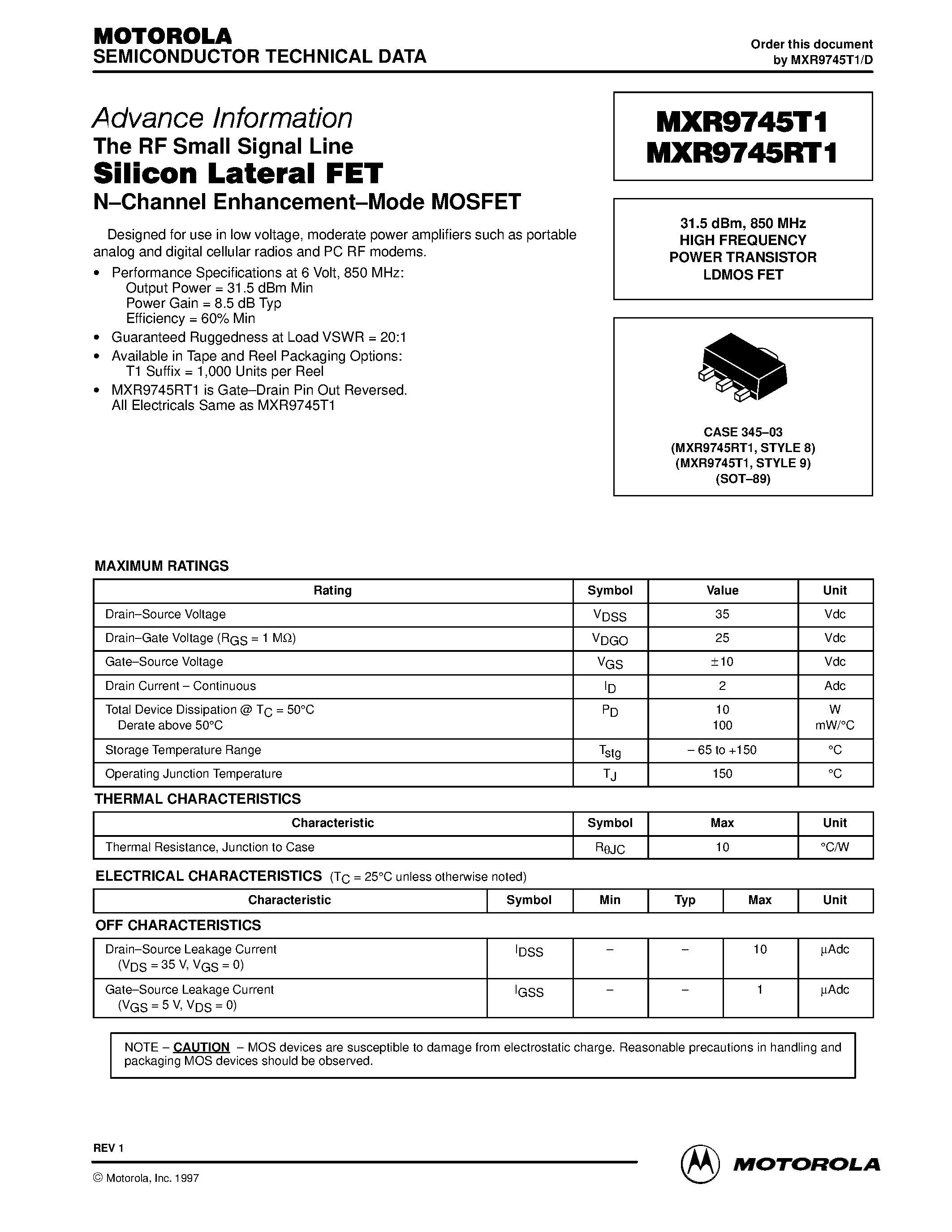 Datasheet MXR9745T1 - 31.5 dBm / 850 MHz HIGH FREQUENCY POWER TRANSISTOR LDMOS FET page 1